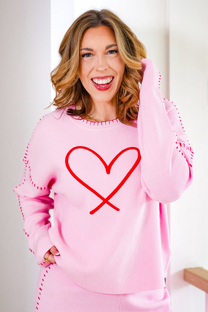Embroidered Heart Long Sleeve Top with Blanket Stitch Trim