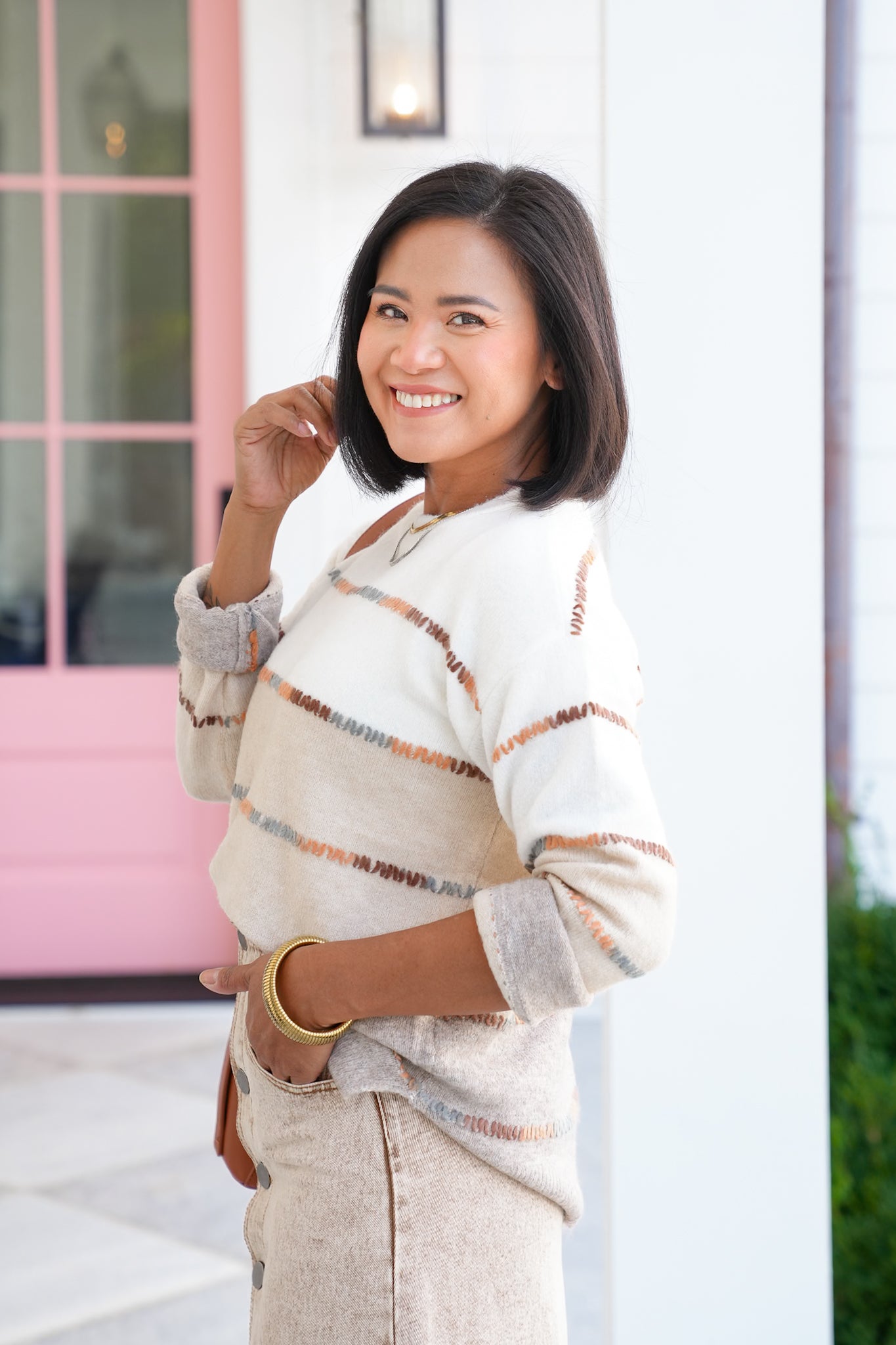 Color Block Long Sleeve Pullover Sweater with Stitching