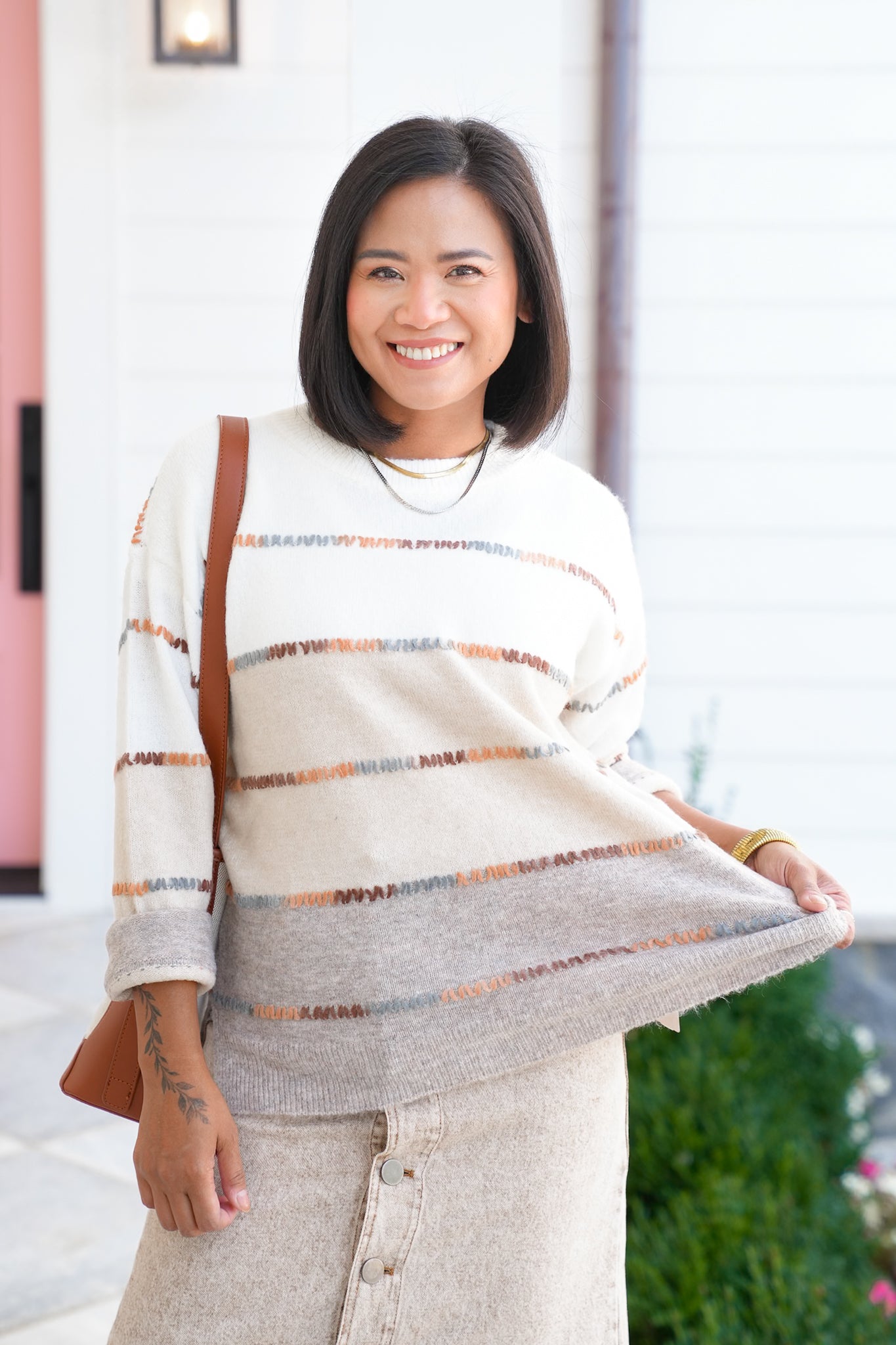 Color Block Long Sleeve Pullover Sweater with Stitching