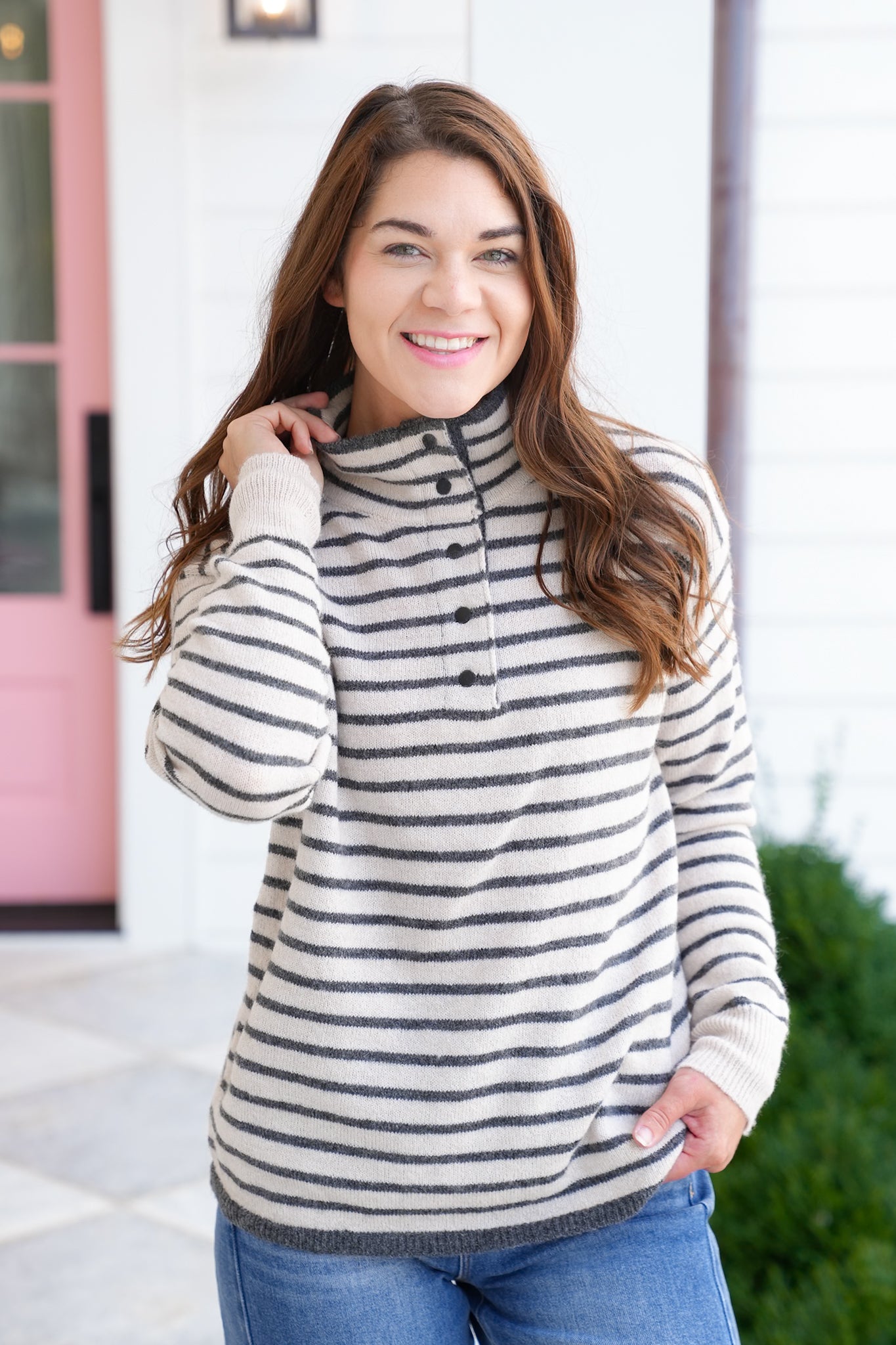 Stripe Long Sleeve Button Up Sweater