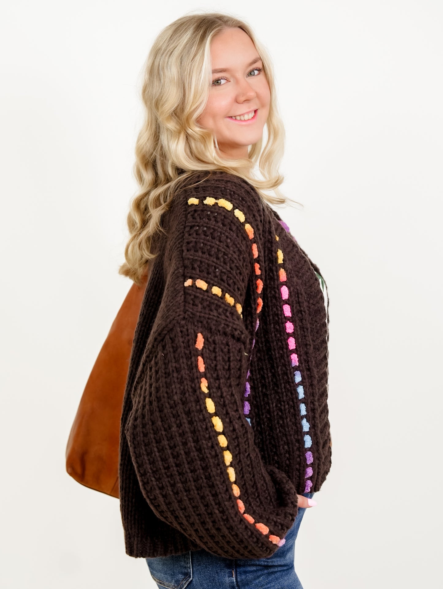 Long Sleeve Open Front Knit Cardigan with Stitch Detail