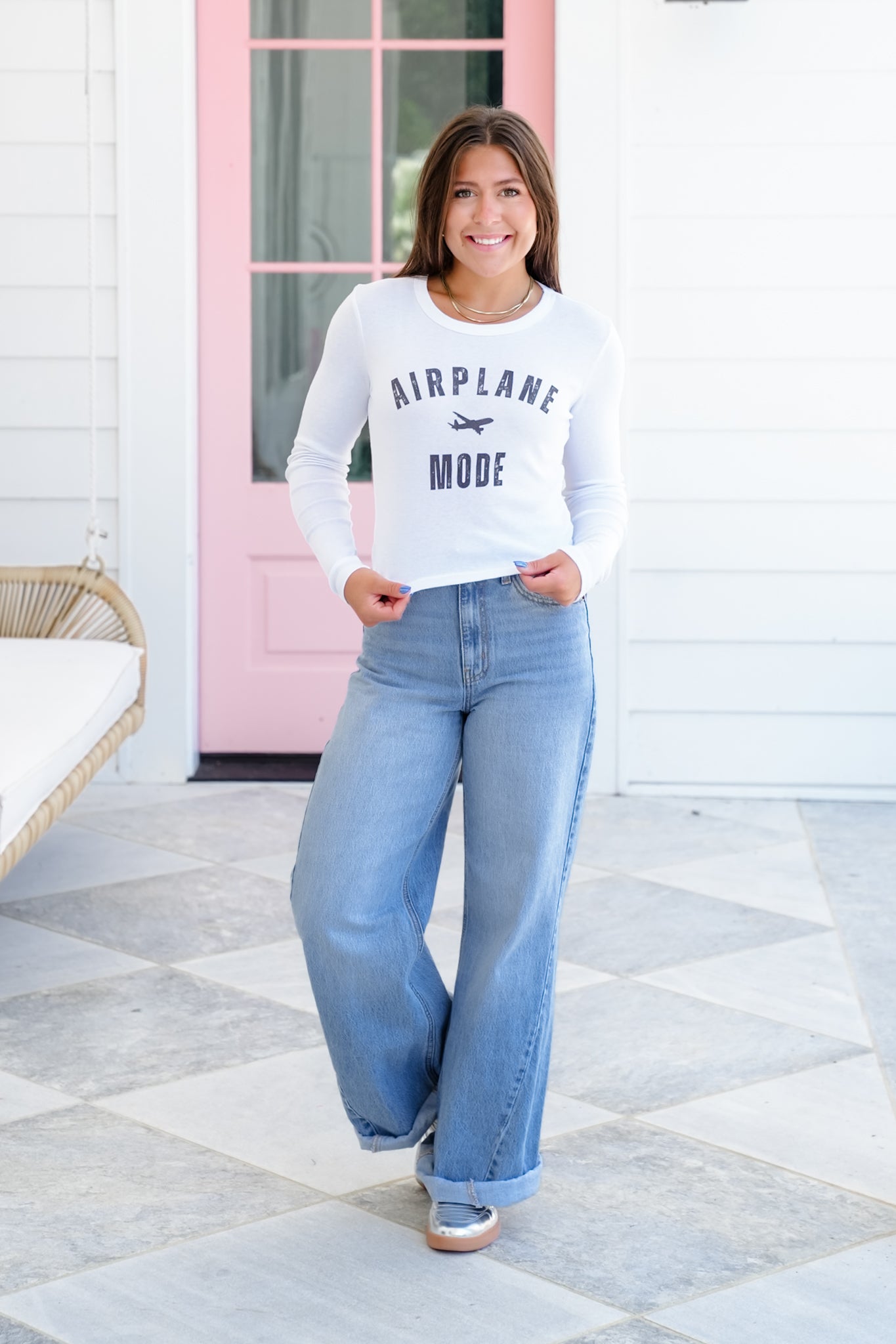 Plus/Reg White Long Sleeve "Airplane Mode" Graphic Tee