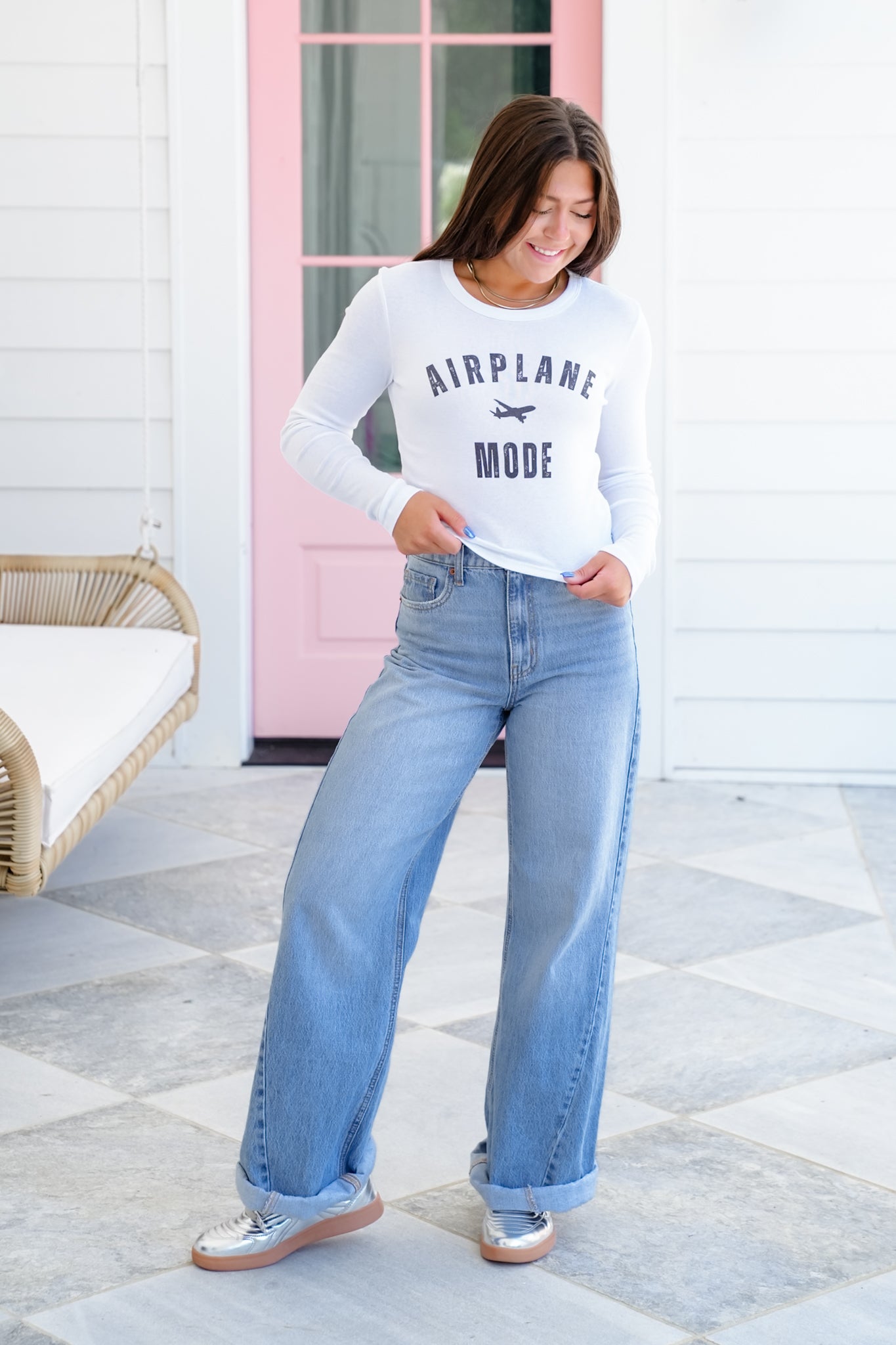 Plus/Reg White Long Sleeve "Airplane Mode" Graphic Tee