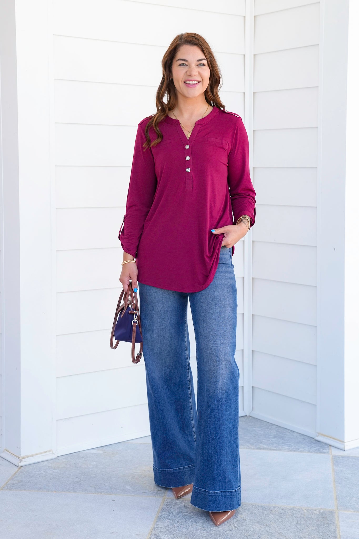 Door Buster! Plus/Reg Solid 3/4 Sleeve Button Up Tunic Top