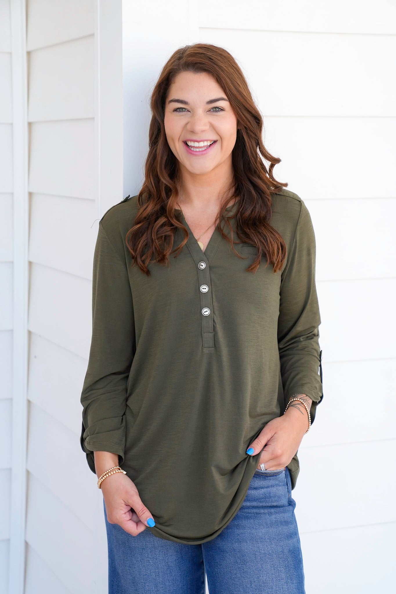 Door Buster! Plus/Reg Solid 3/4 Sleeve Button Up Tunic Top