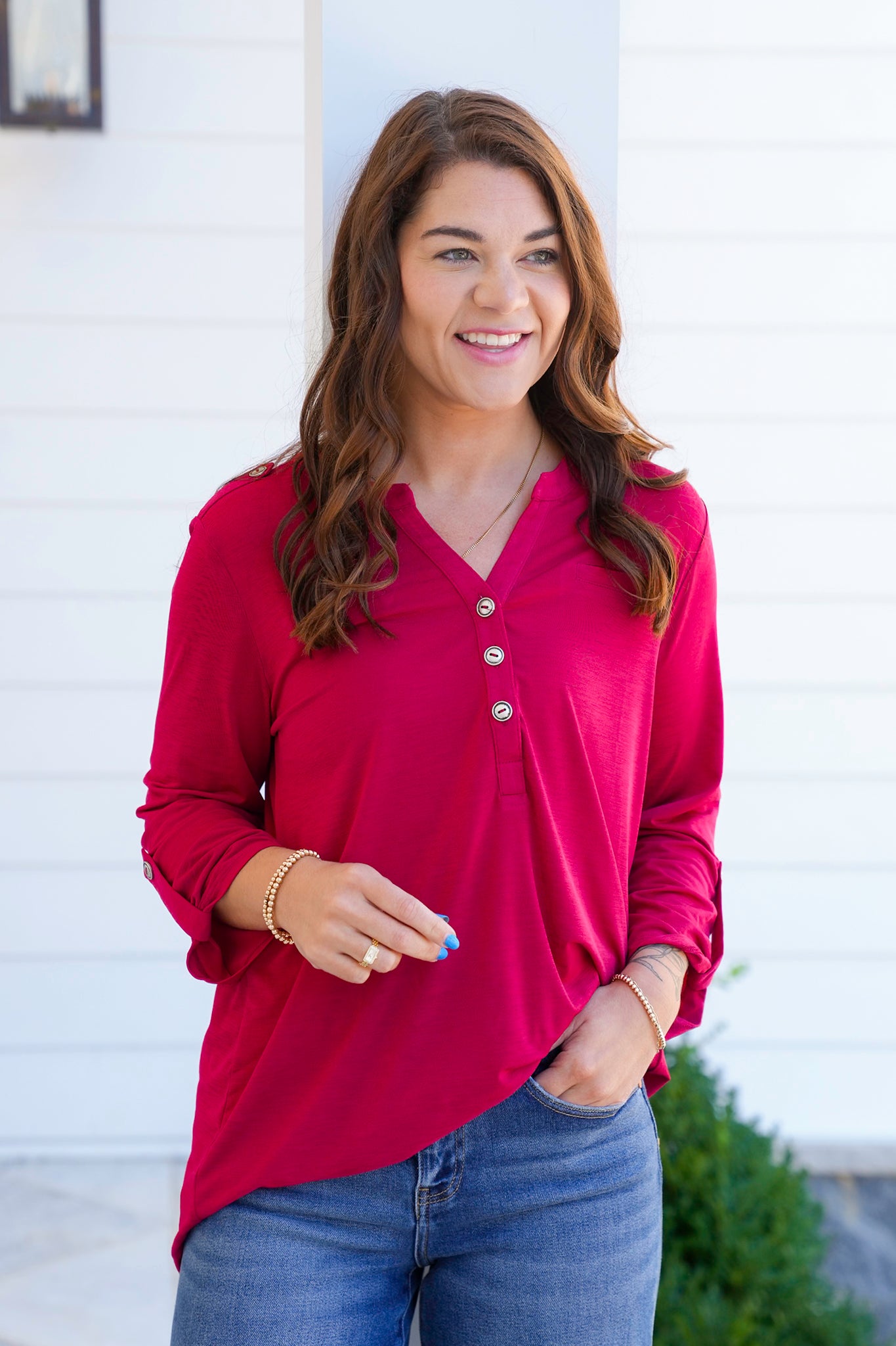 Door Buster! Plus/Reg Solid 3/4 Sleeve Button Up Tunic Top