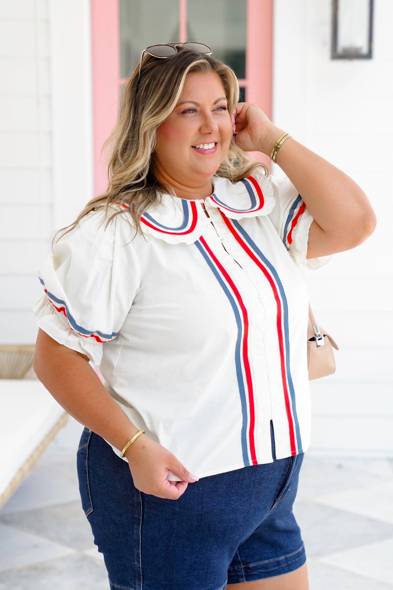 Short Puff Sleeve Button Down Top with Stripe Trim Detail
