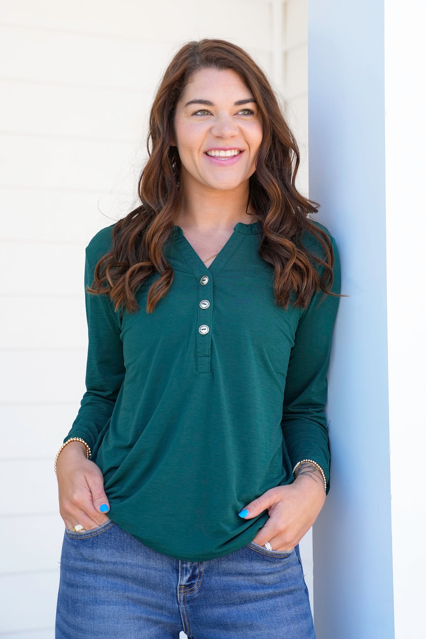 Door Buster! Plus/Reg Solid 3/4 Sleeve Button Up Tunic Top