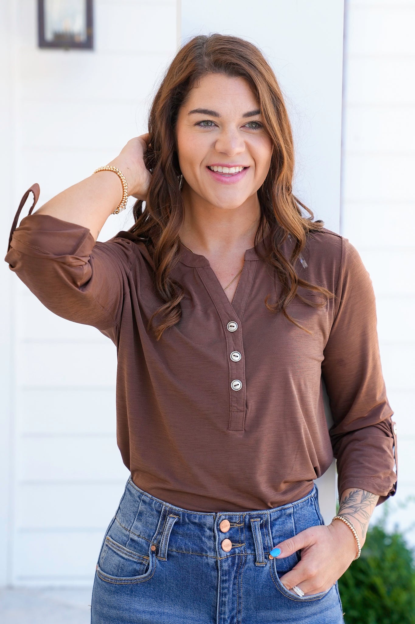 Door Buster! Plus/Reg Solid 3/4 Sleeve Button Up Tunic Top