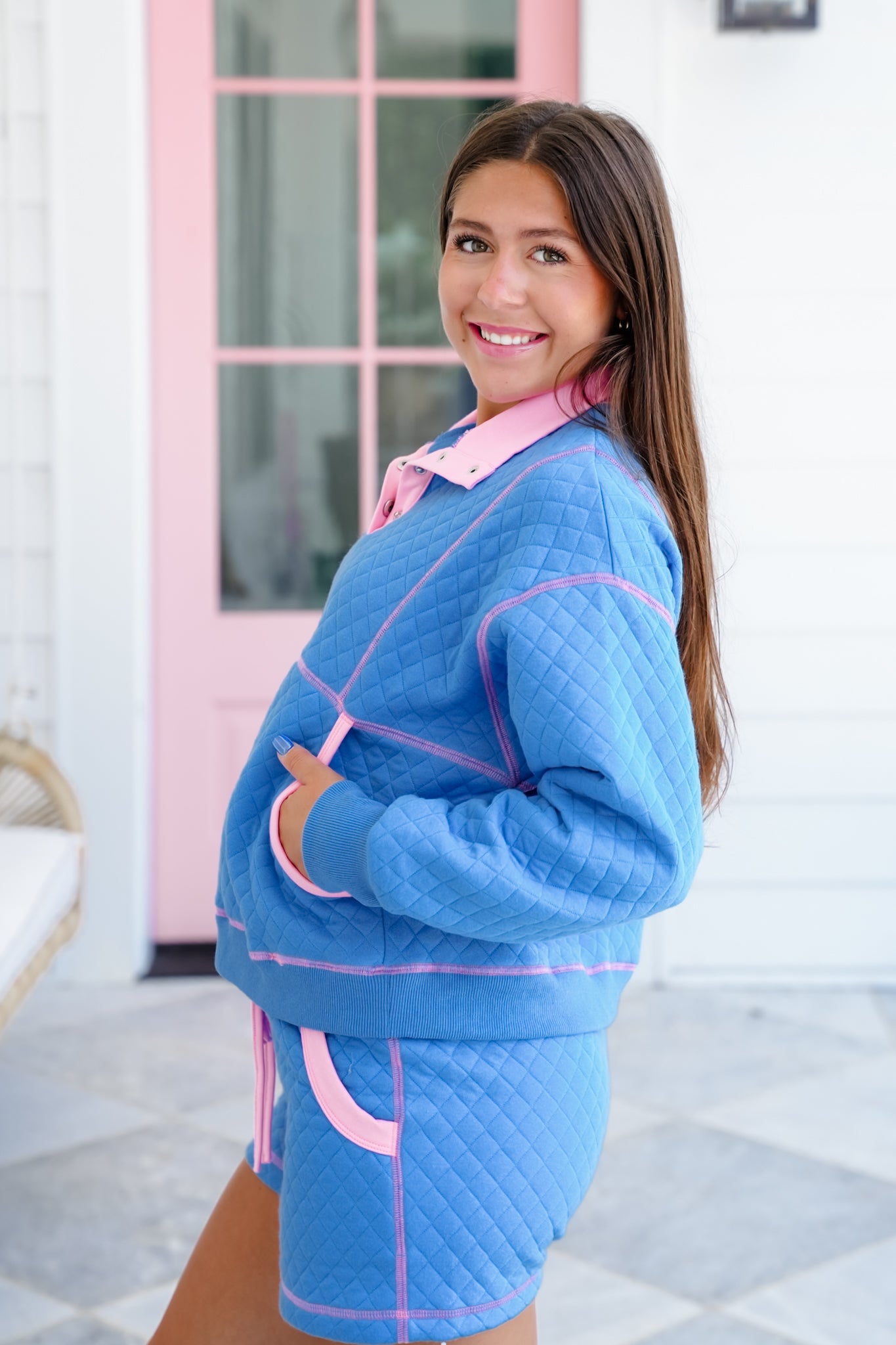 Quilted Long Sleeve Button Up Top with Kangaroo Pocket
