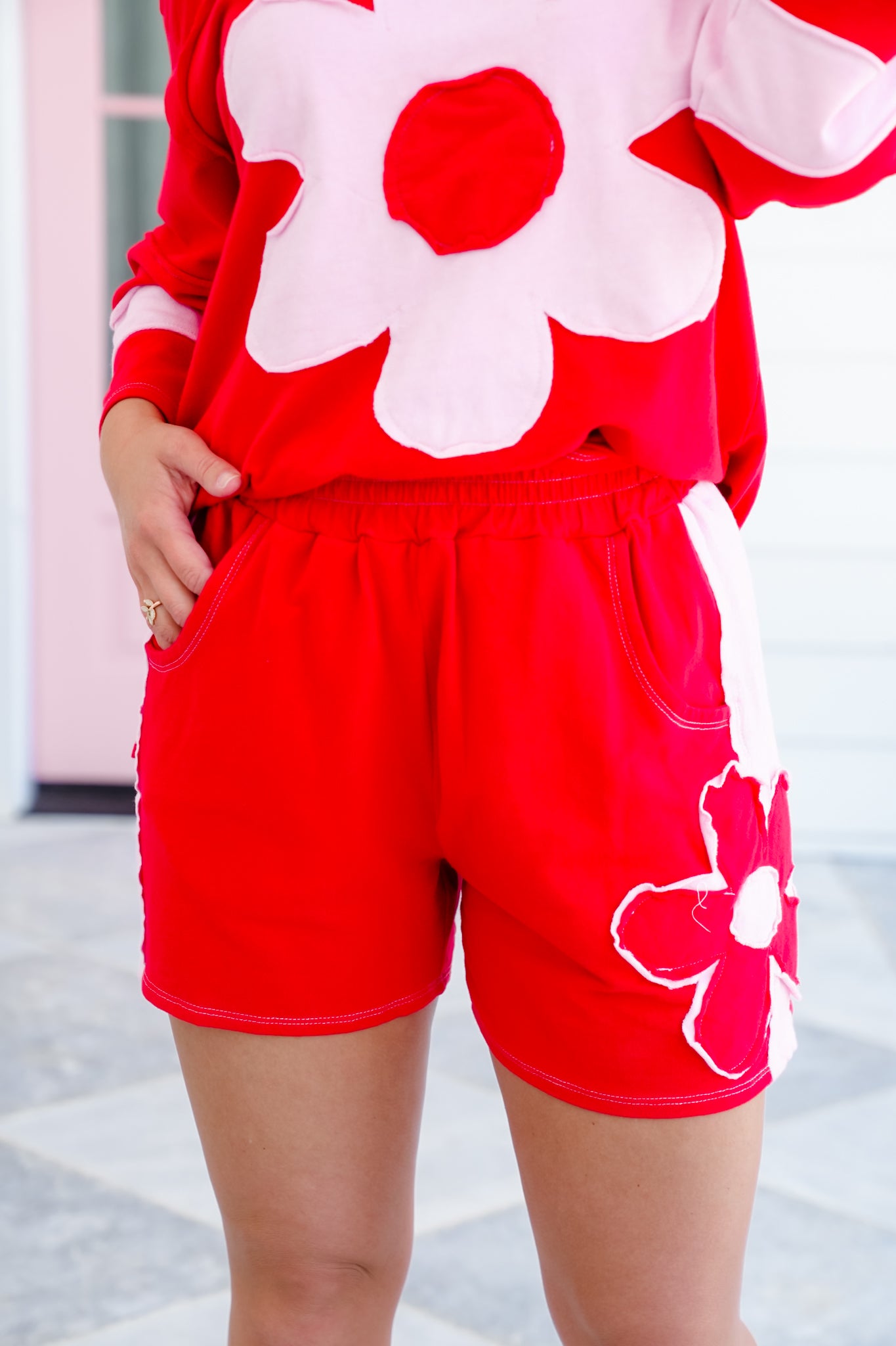 Elastic Waist Shorts with Flower Patch Detail