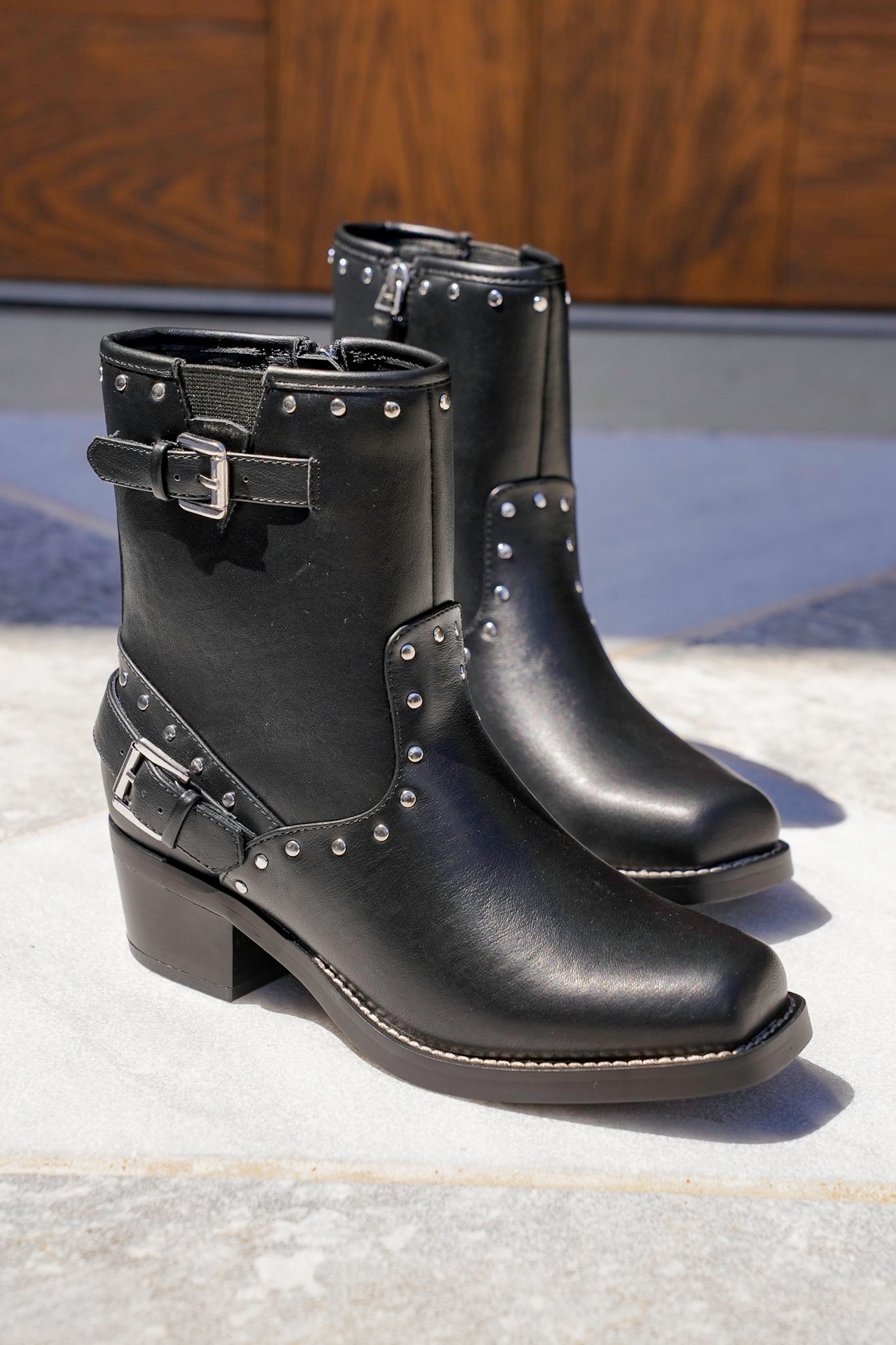 MIA Chunky Heel Vegan Leather Boots with Studs