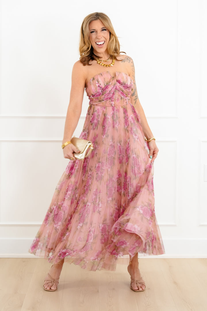 Floral Print Sleeveless Pleated Maxi Dress