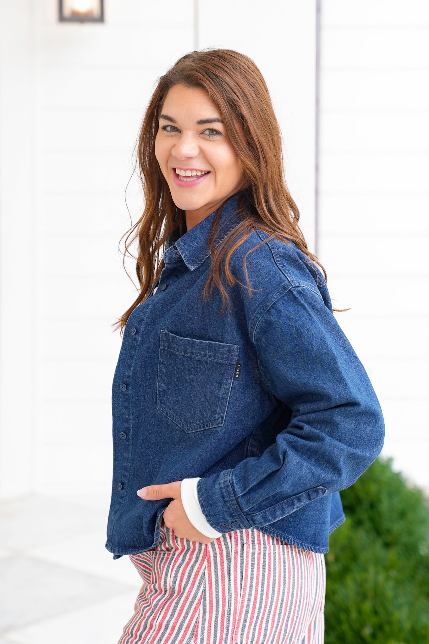 Risen Dark Wash Long Sleeve Button Down Shacket