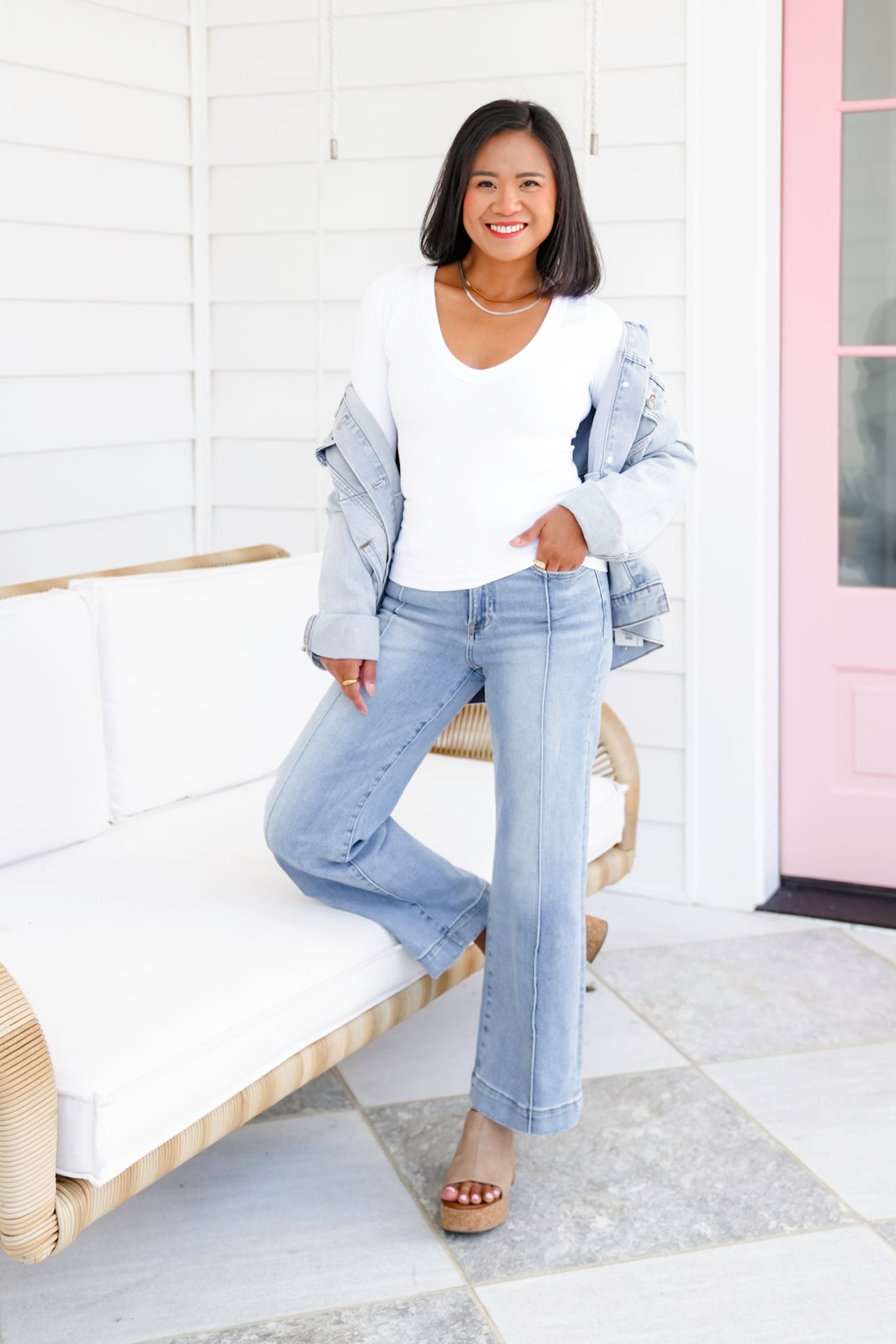 Ribbed Knit Long Sleeve V Neck Top