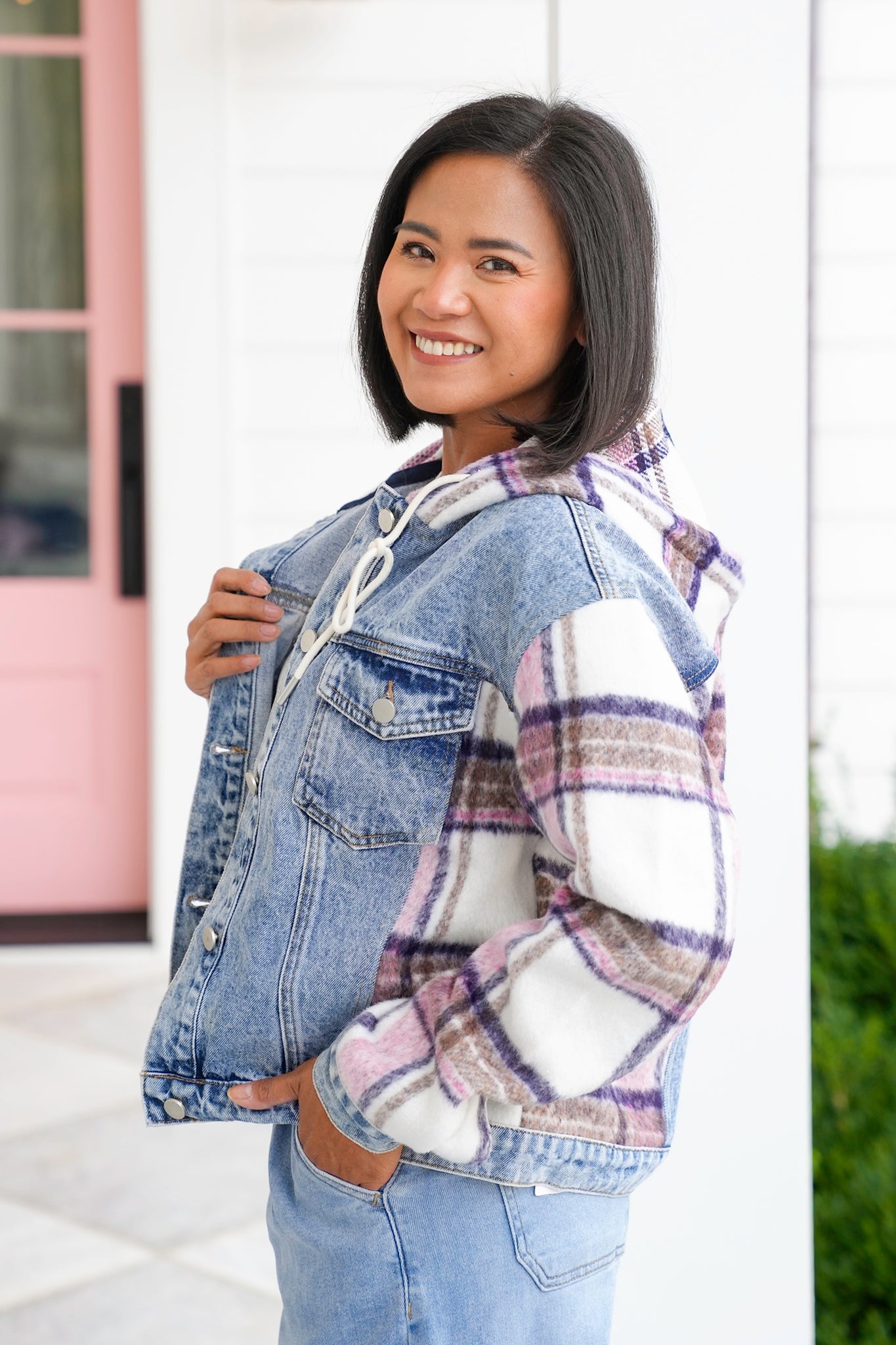 Long Sleeve Hooded Jacket with Plaid Contrast