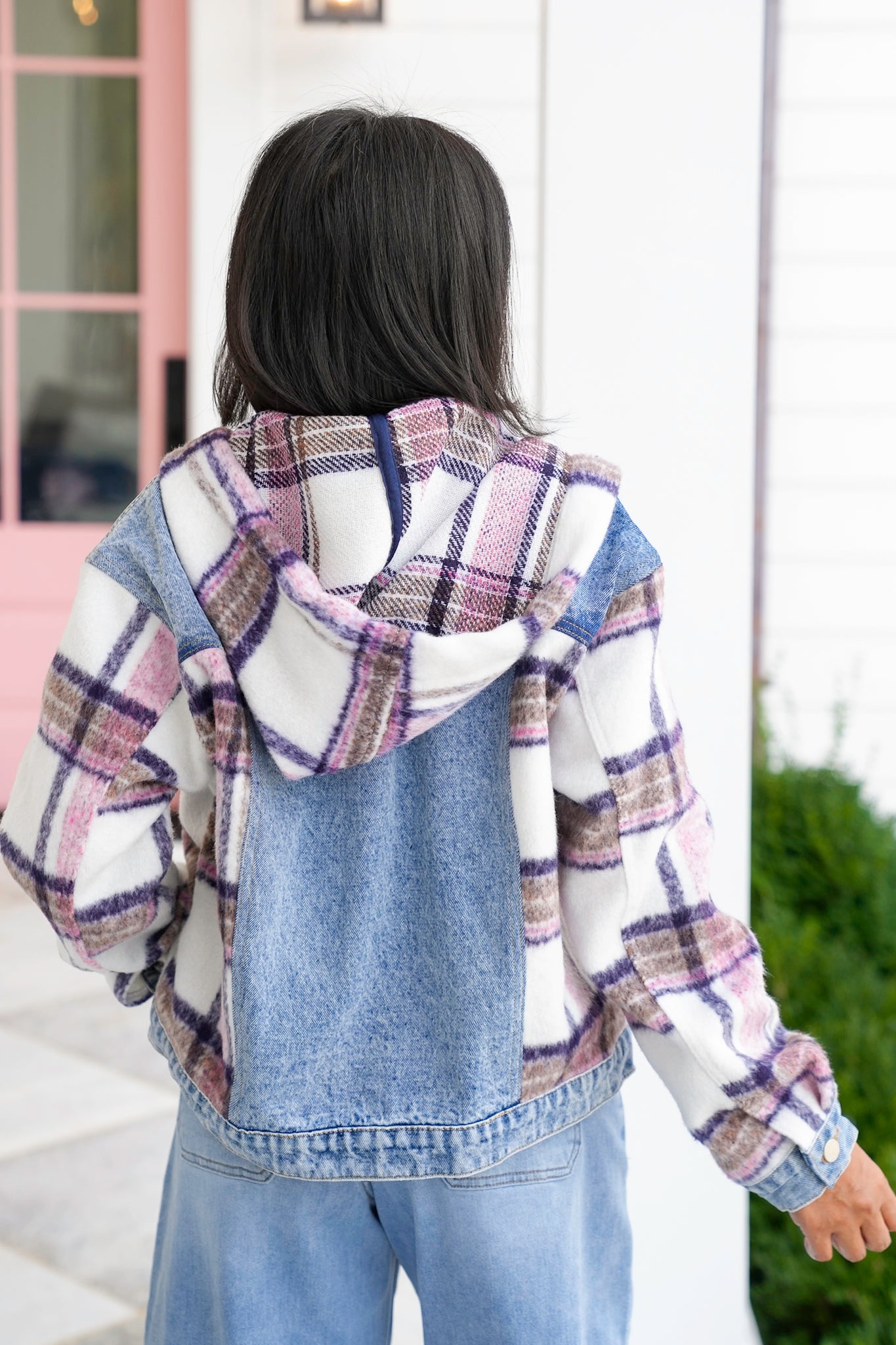 Long Sleeve Hooded Jacket with Plaid Contrast