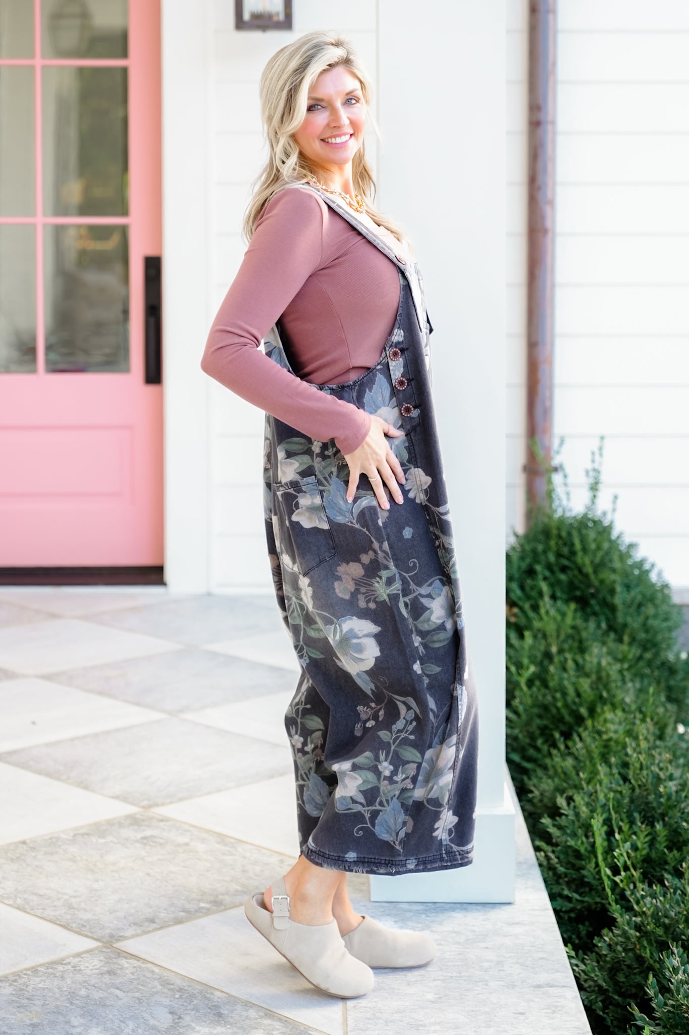 Floral Print Washed Denim Overalls