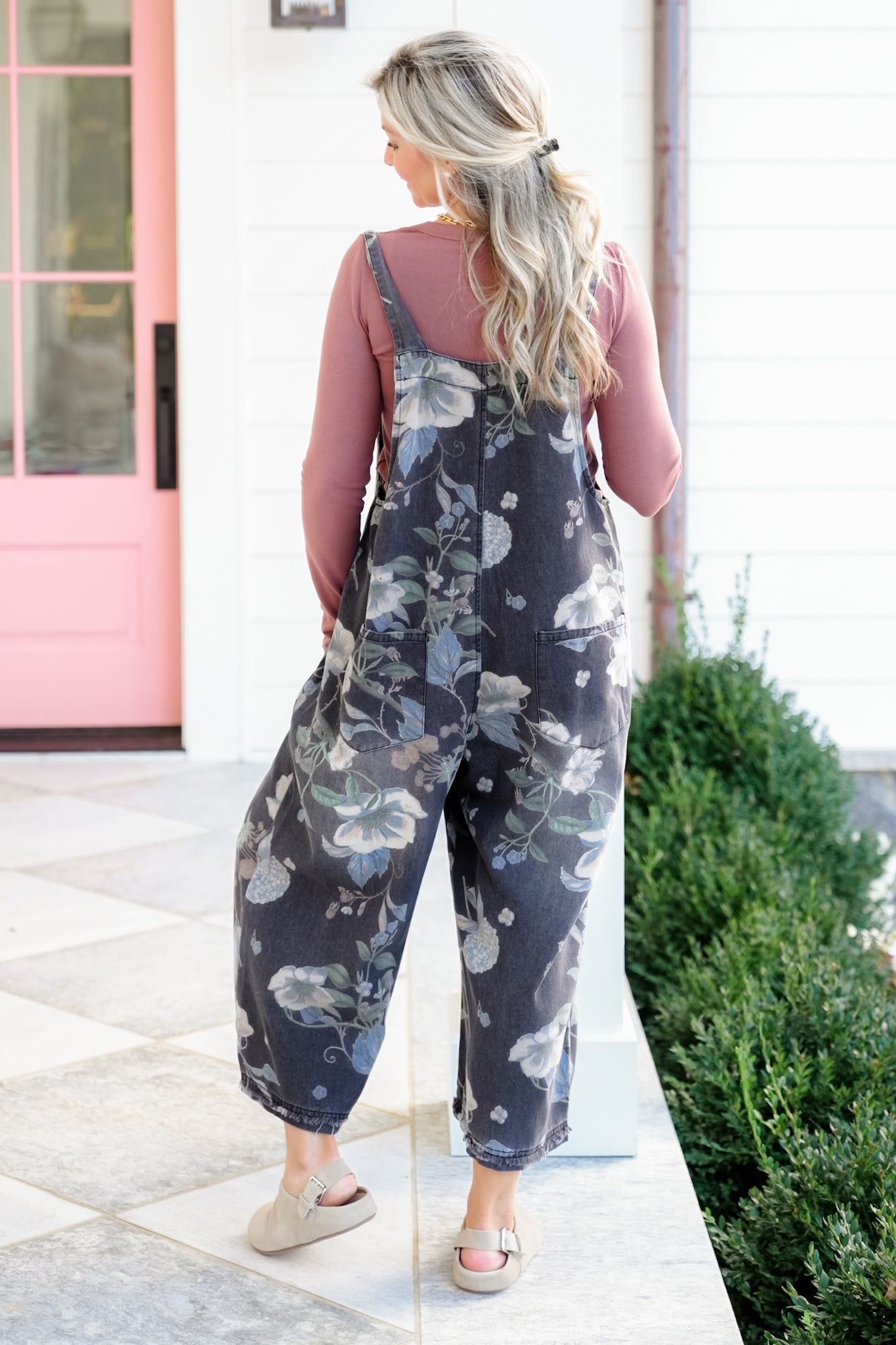 Floral Print Washed Denim Overalls