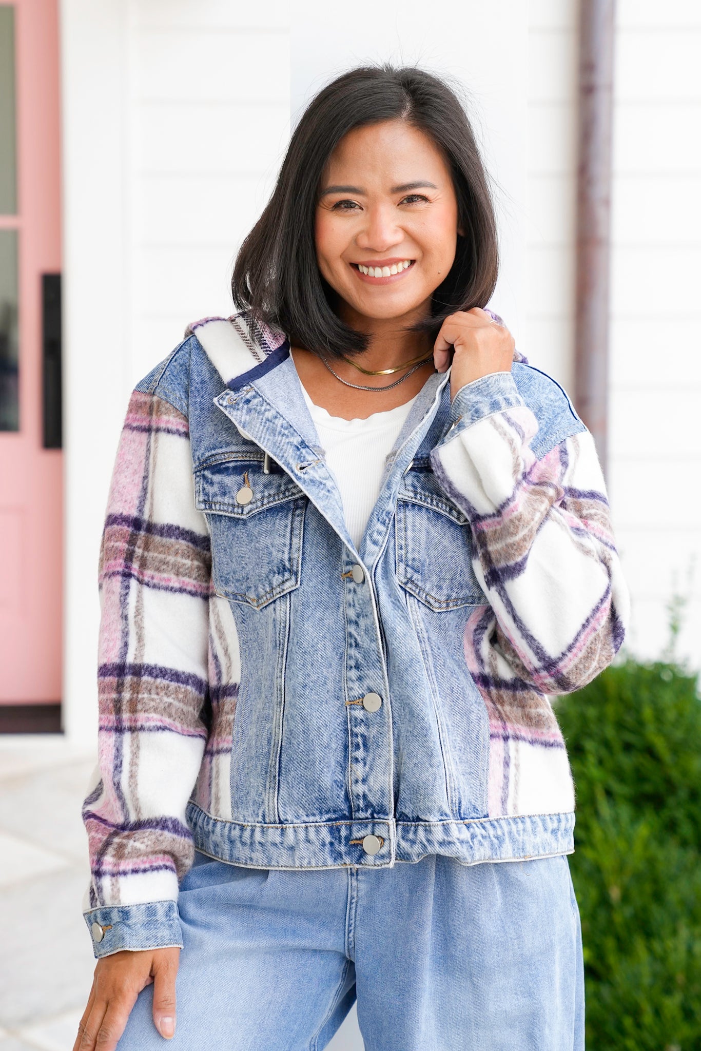 Long Sleeve Hooded Jacket with Plaid Contrast