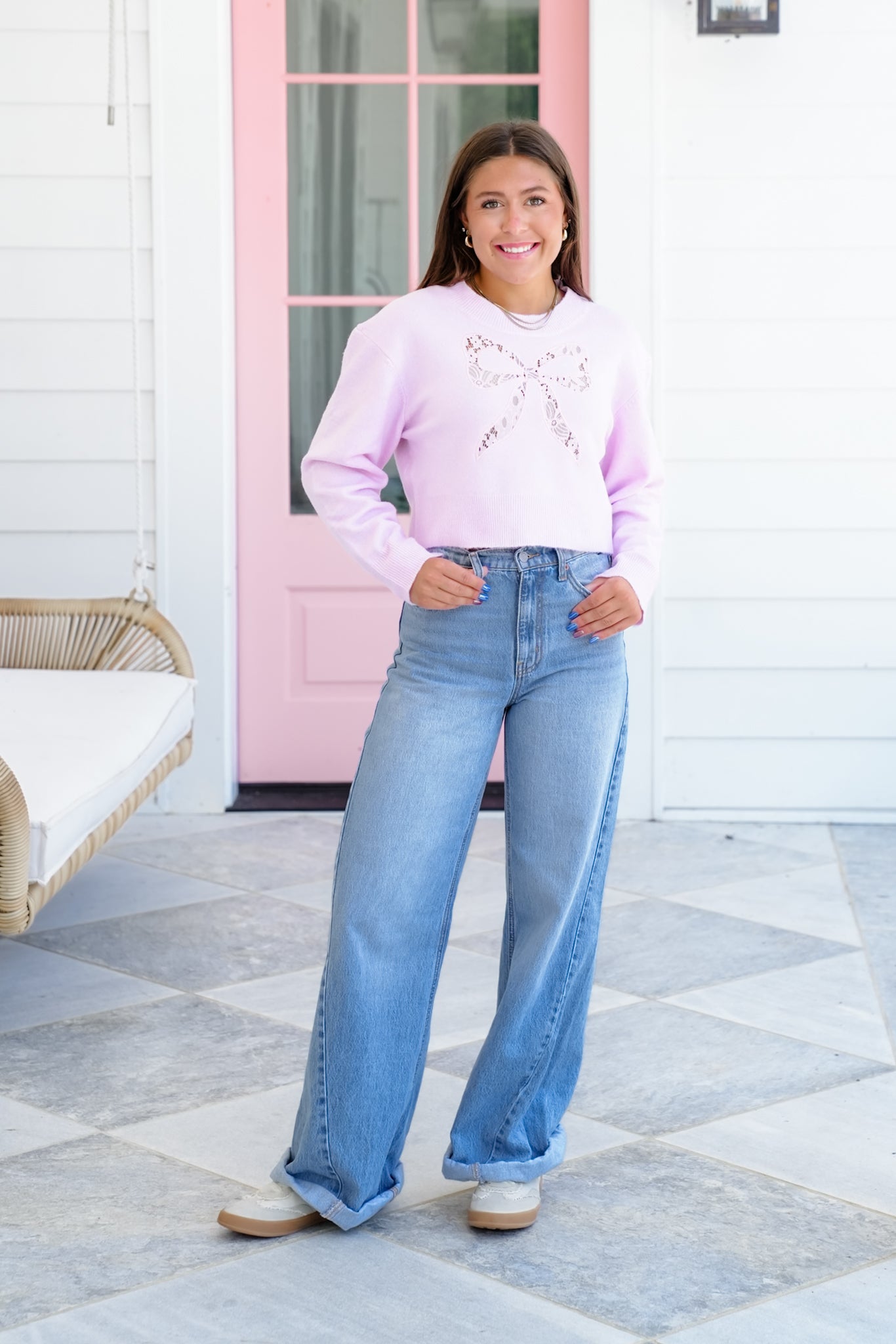 Long Sleeve Crop Sweater with Lace Bow Detail