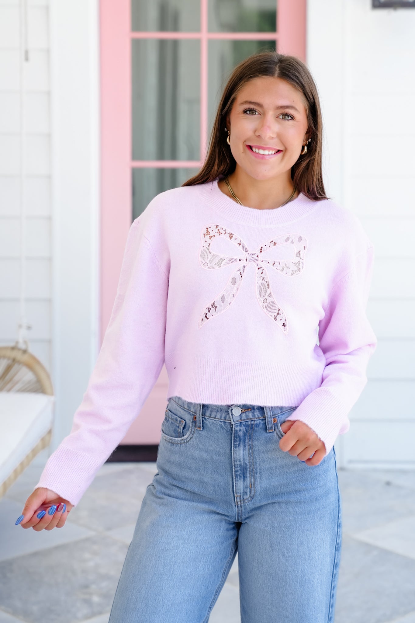 Long Sleeve Crop Sweater with Lace Bow Detail