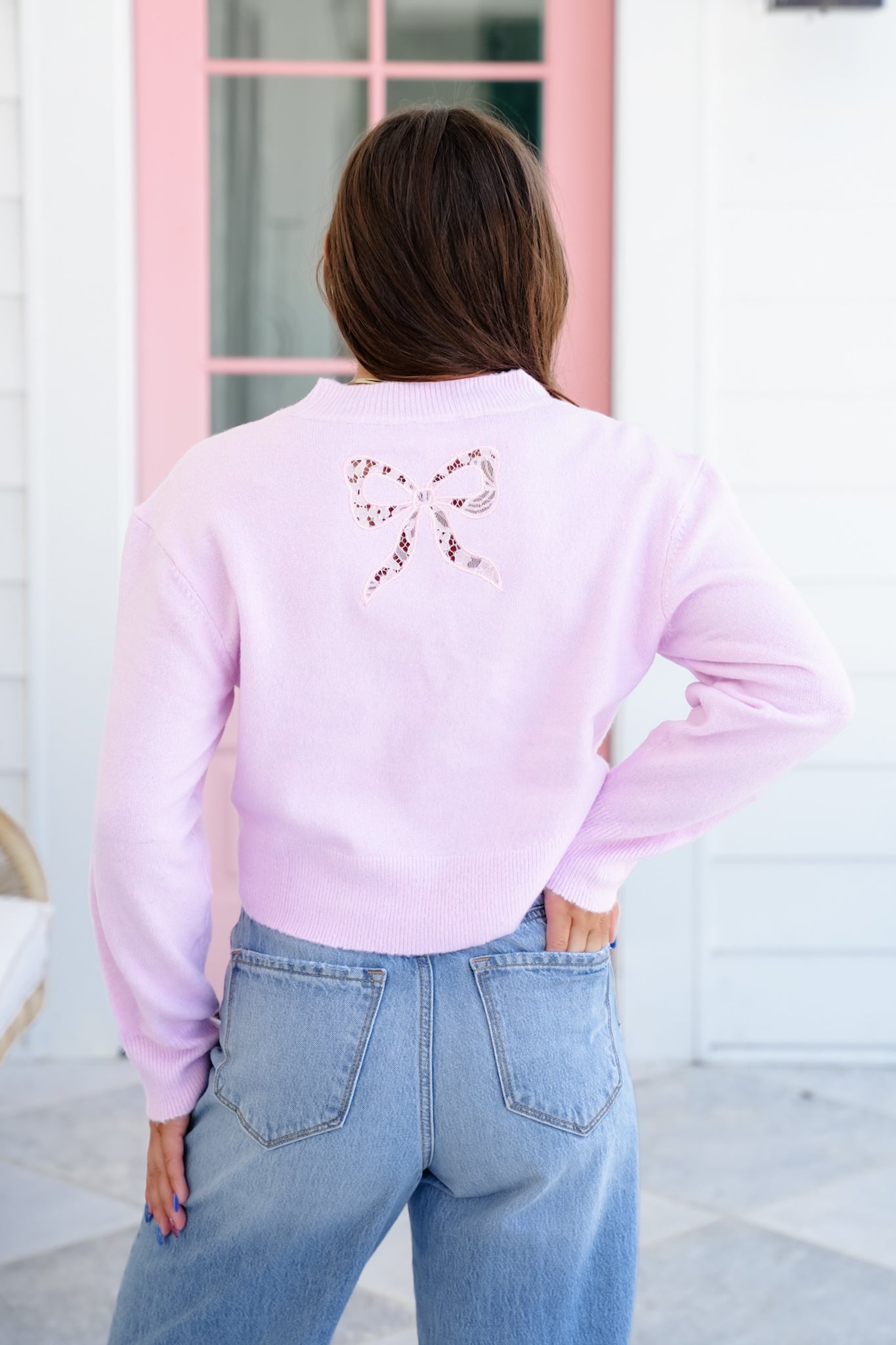 Long Sleeve Crop Sweater with Lace Bow Detail