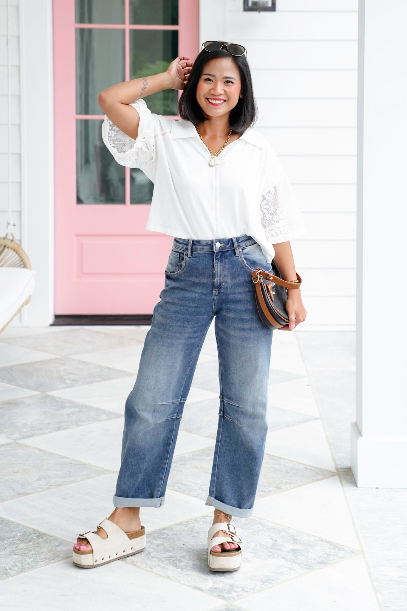 POL Solid Short Sleeve V-Neck Collared Top with Lace Detail