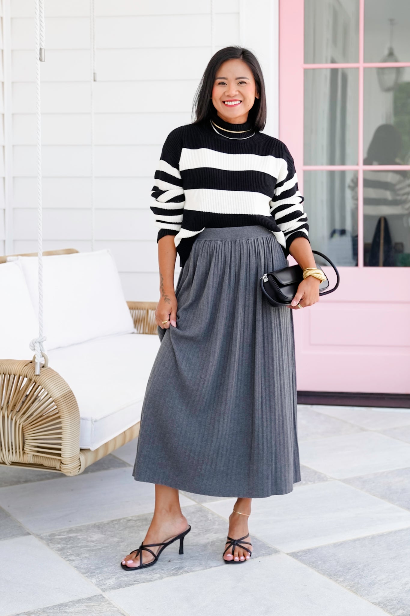 Charcoal Pleated Elastic Waist Midi Skirt