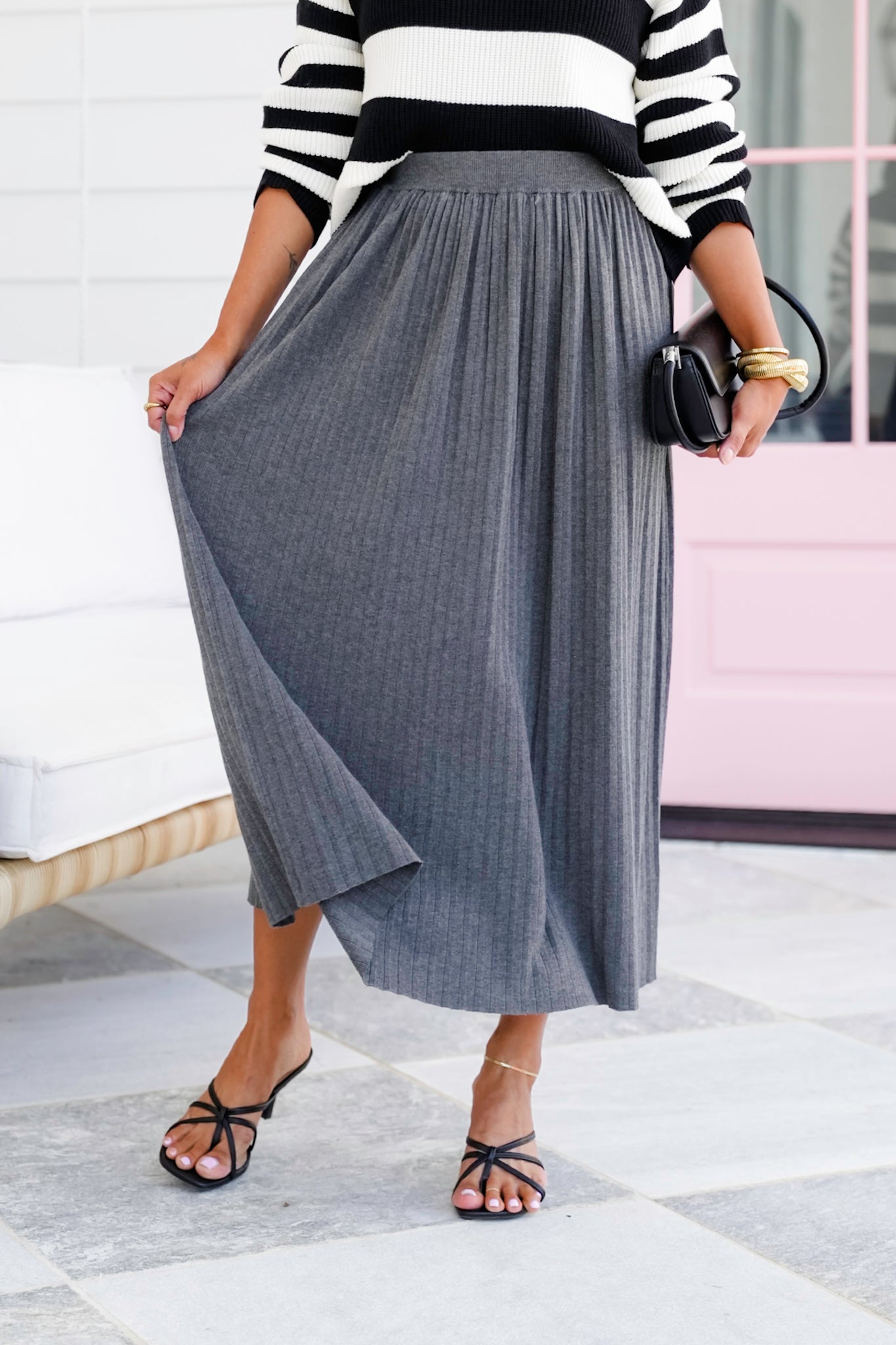 Charcoal Pleated Elastic Waist Midi Skirt