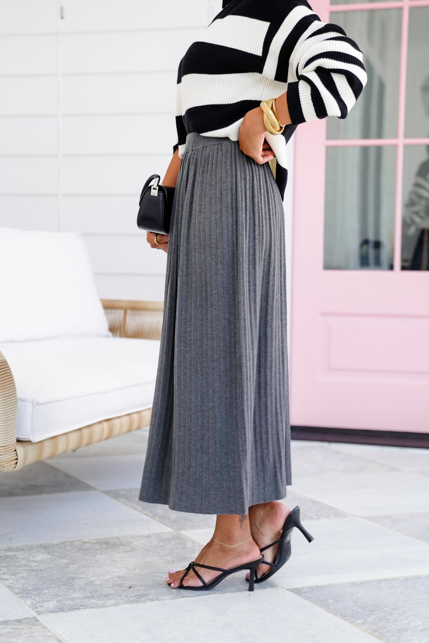 Charcoal Pleated Elastic Waist Midi Skirt