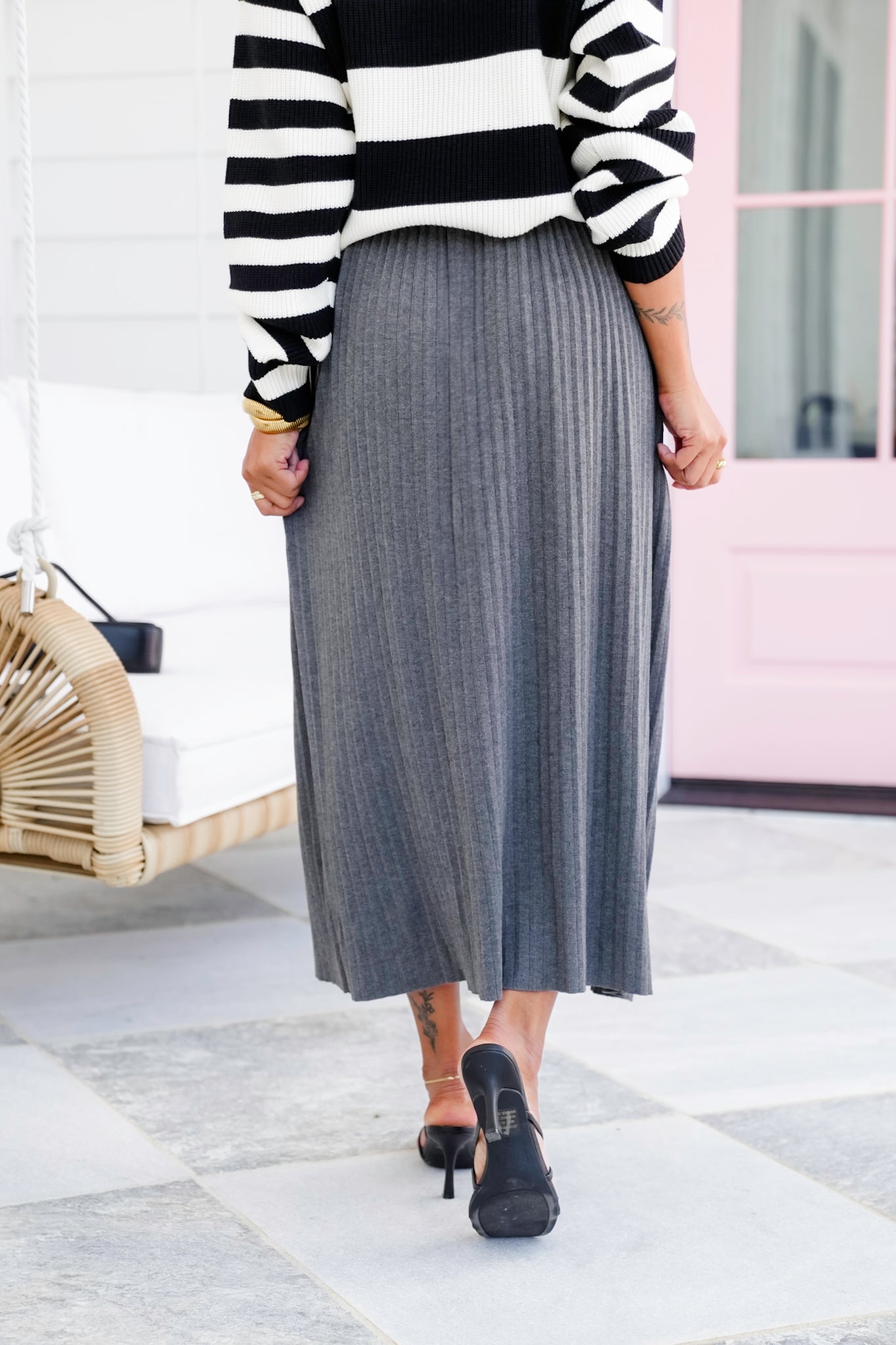 Charcoal Pleated Elastic Waist Midi Skirt