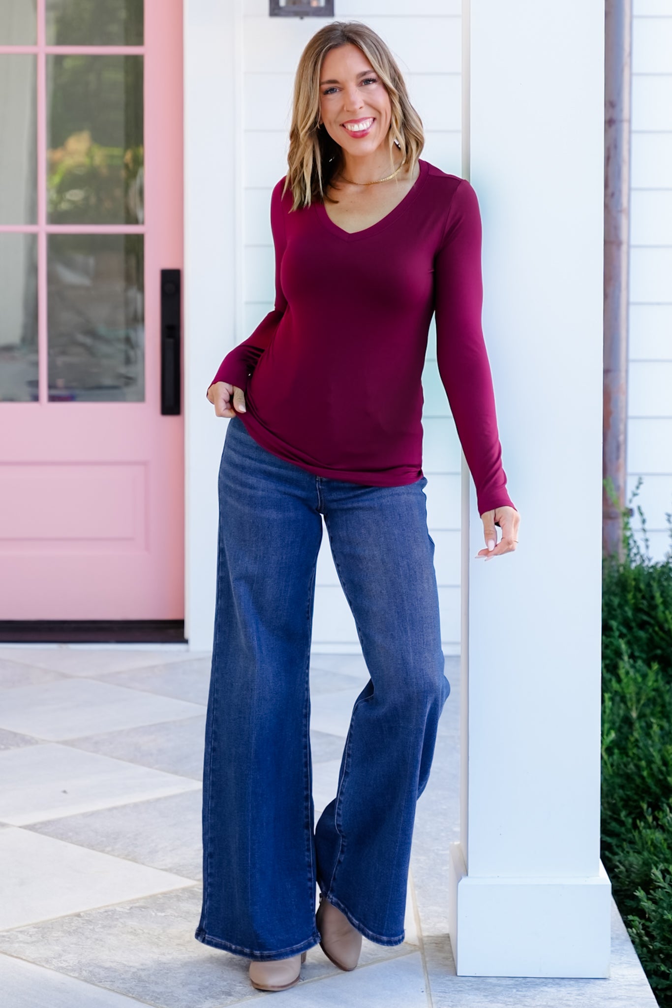 Door Buster! Plus/Reg Zenana Brushed Microfiber Long Sleeve V-Neck Tee