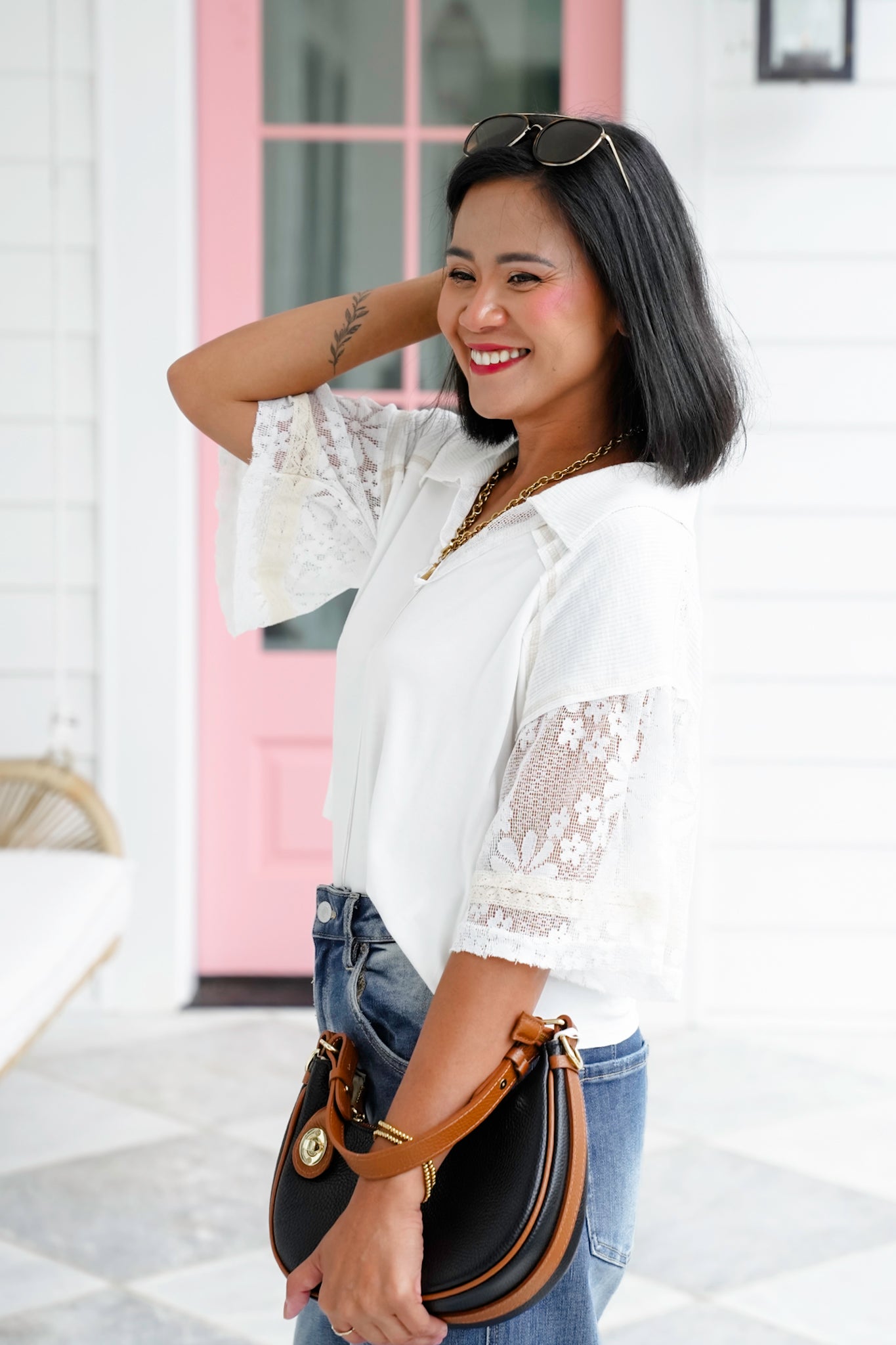 POL Solid Short Sleeve V-Neck Collared Top with Lace Detail