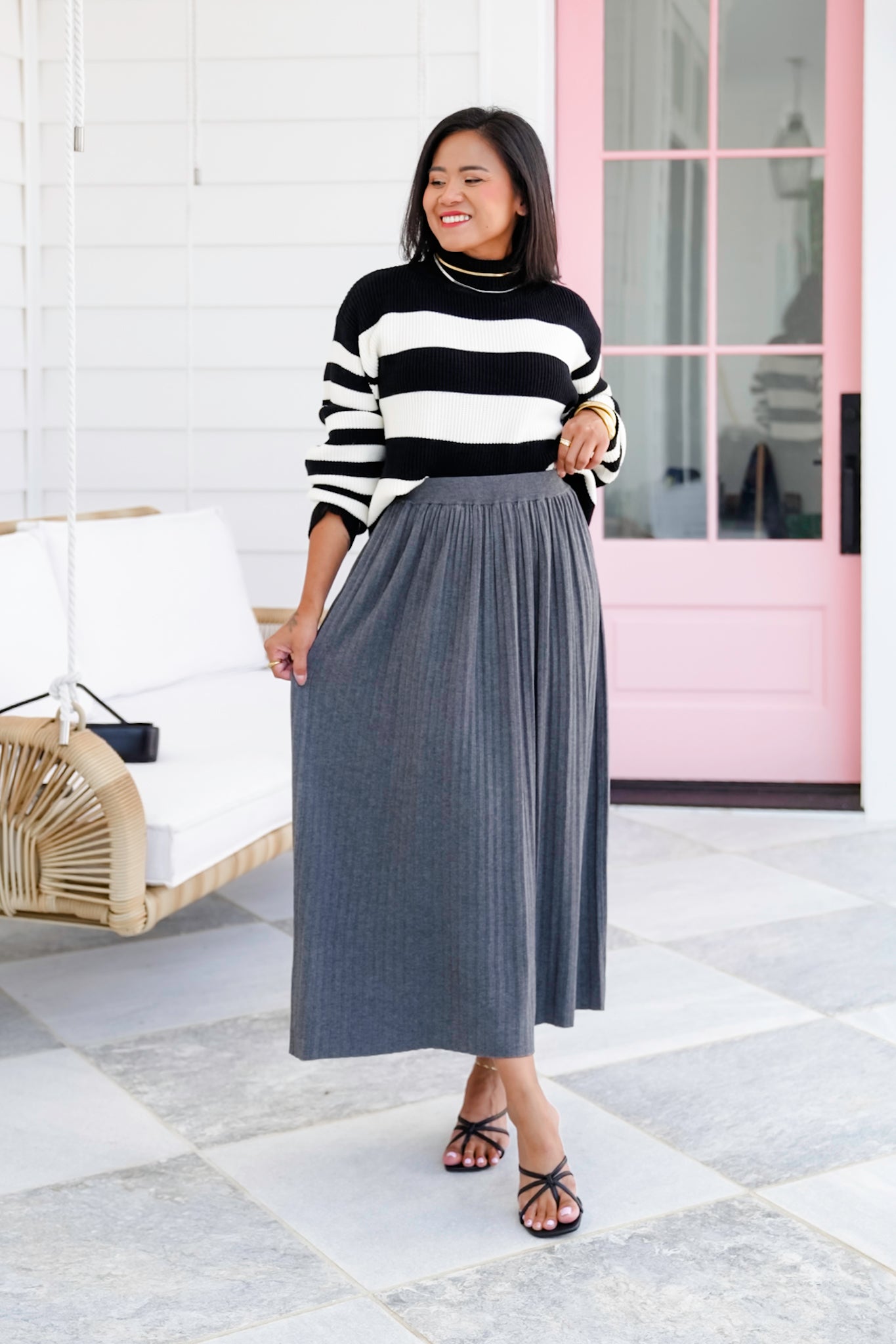 Charcoal Pleated Elastic Waist Midi Skirt
