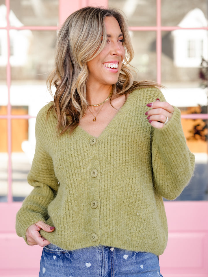 POL Ribbed Knit Long Sleeve V-Neck Button Down Cardigan - Freckled Poppy