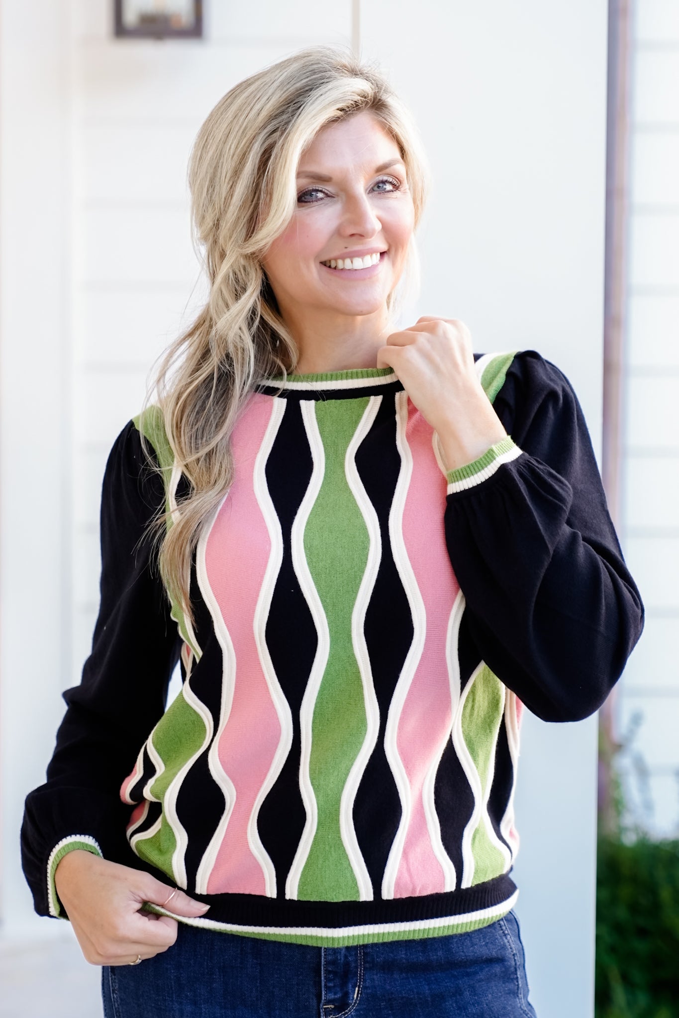 Wavy Color Block Long Sleeve Pullover Sweater