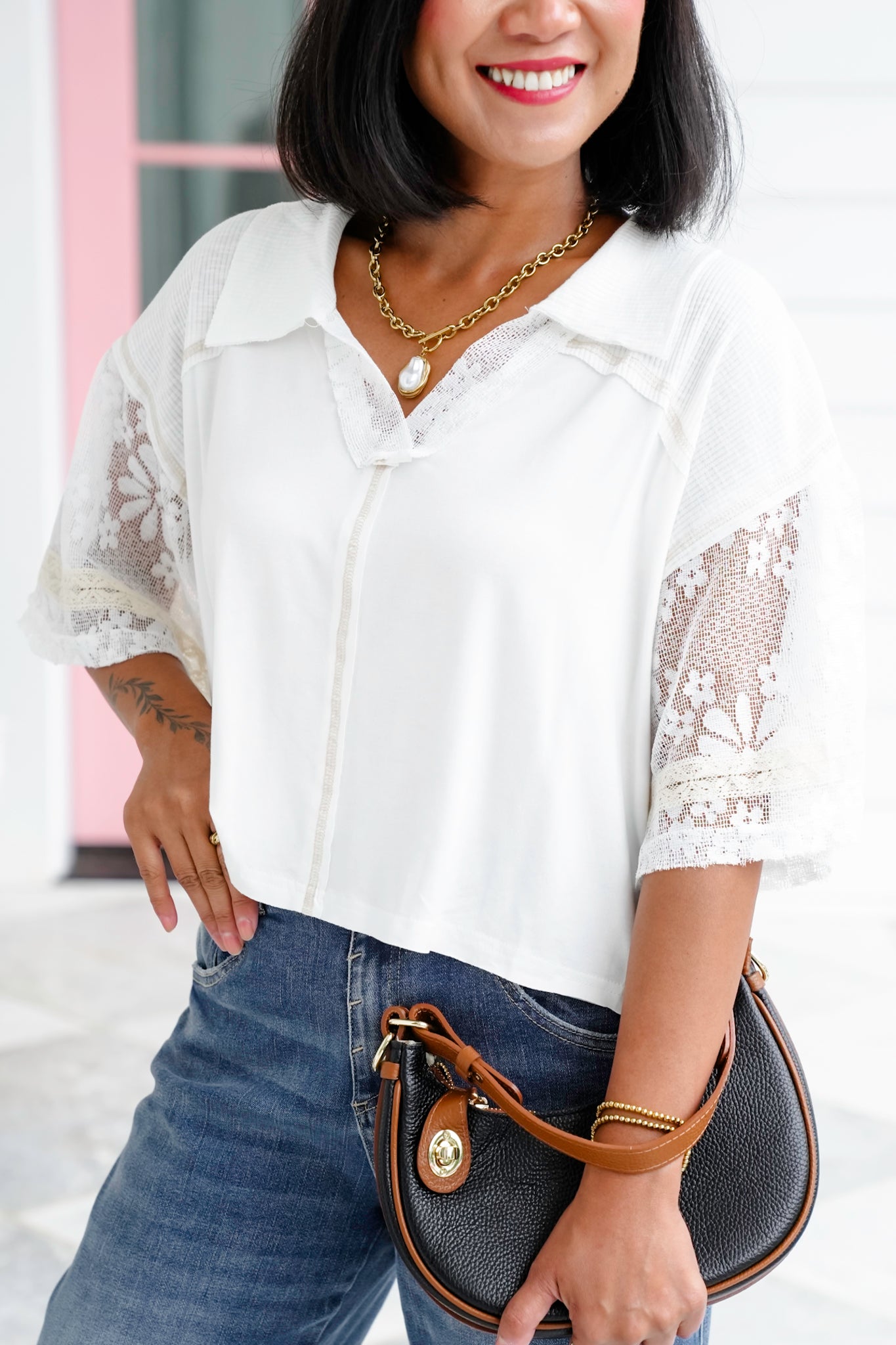 POL Solid Short Sleeve V-Neck Collared Top with Lace Detail