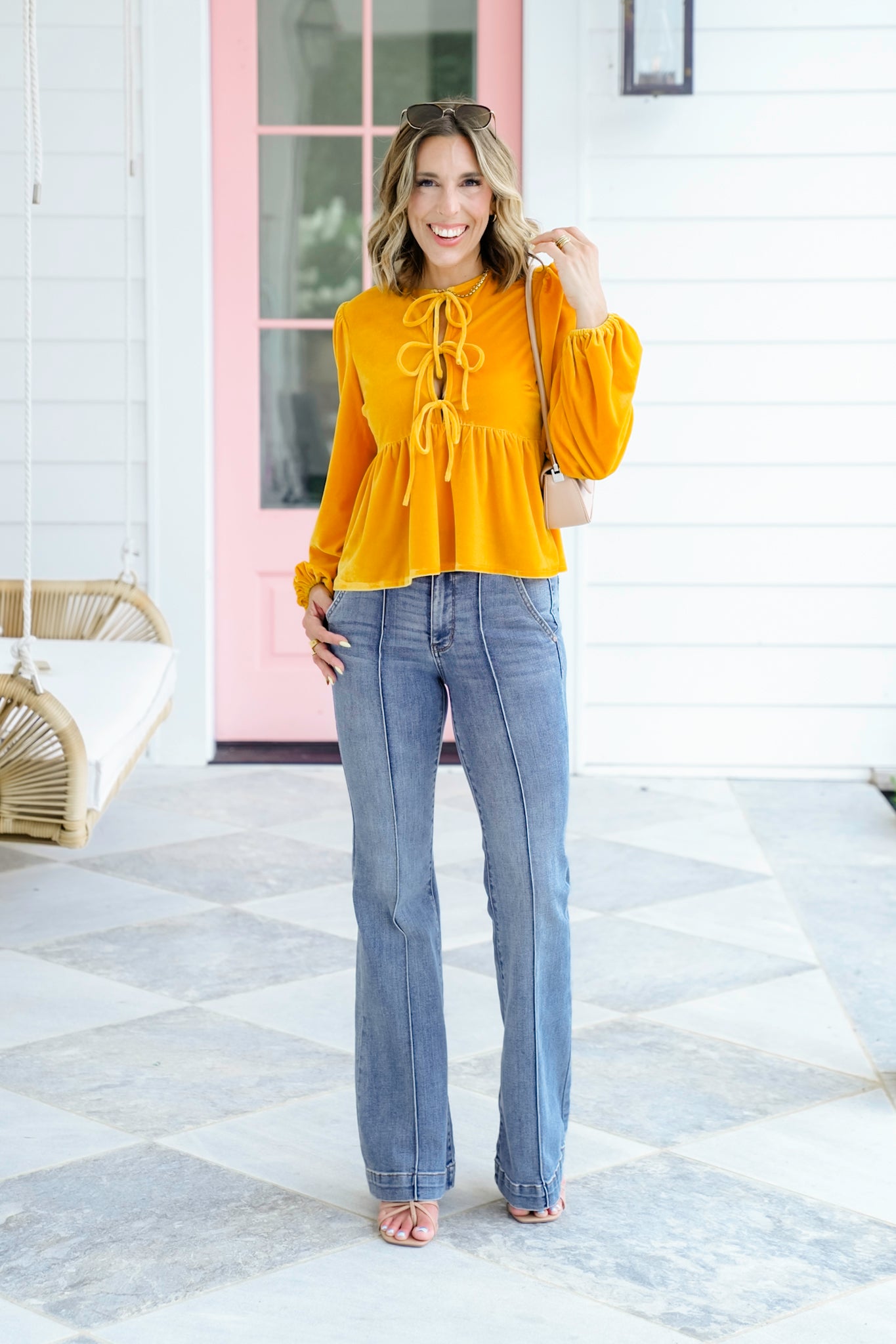 Velvet Long Balloon Sleeve Top with Front Tie Detail