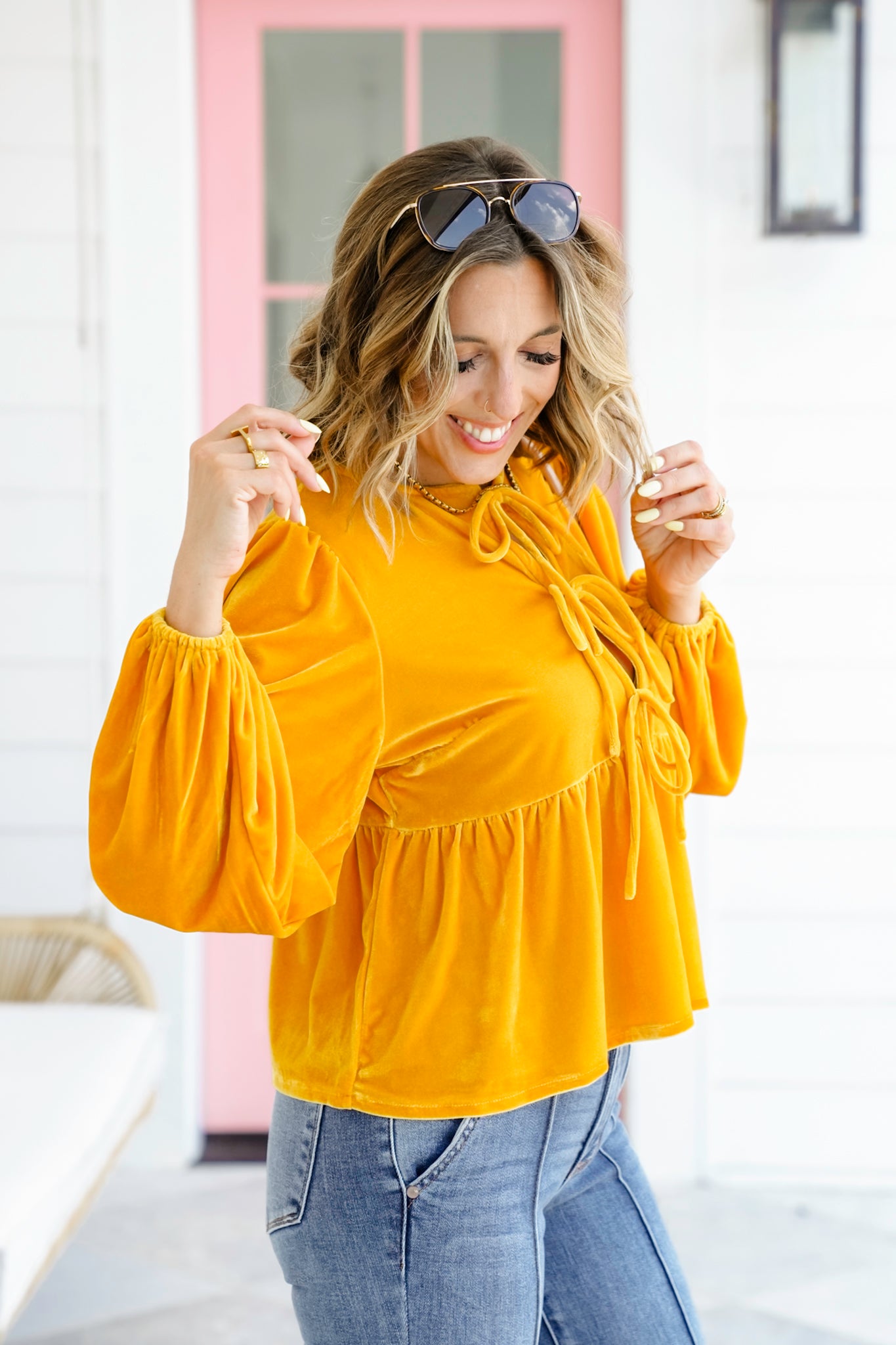 Velvet Long Balloon Sleeve Top with Front Tie Detail