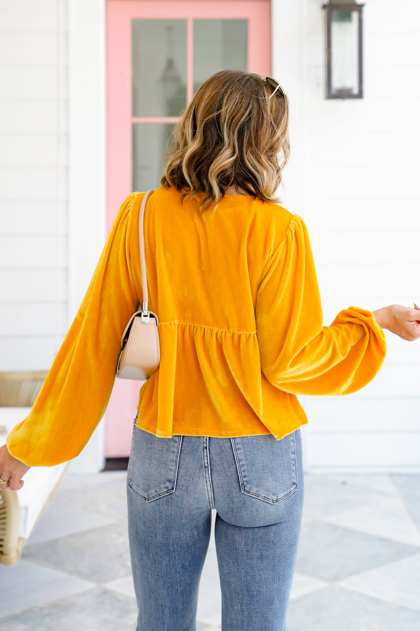 Velvet Long Balloon Sleeve Top with Front Tie Detail