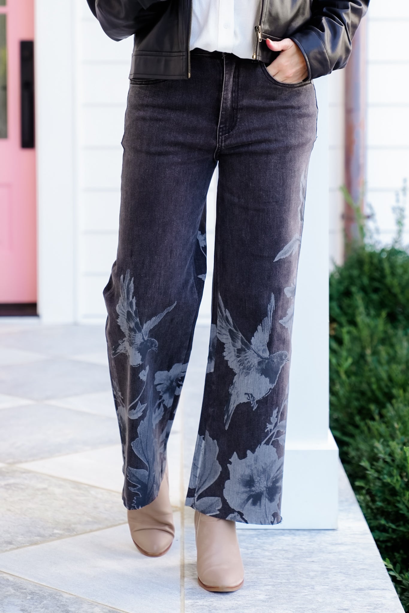 Floral and Bird Print Wide Leg Pants