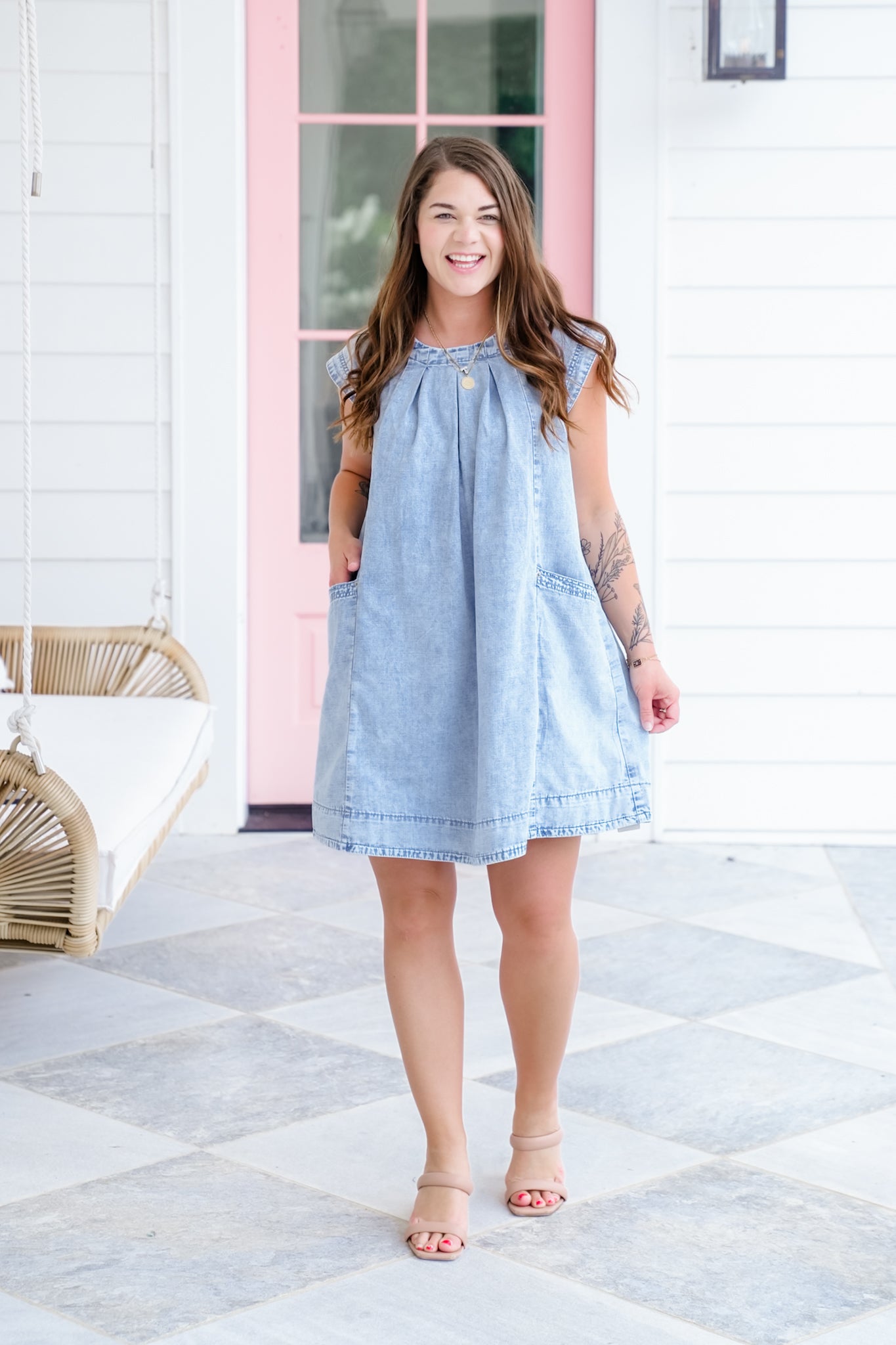 Plus/Reg Washed Cap Sleeve Mini Dress with Pockets