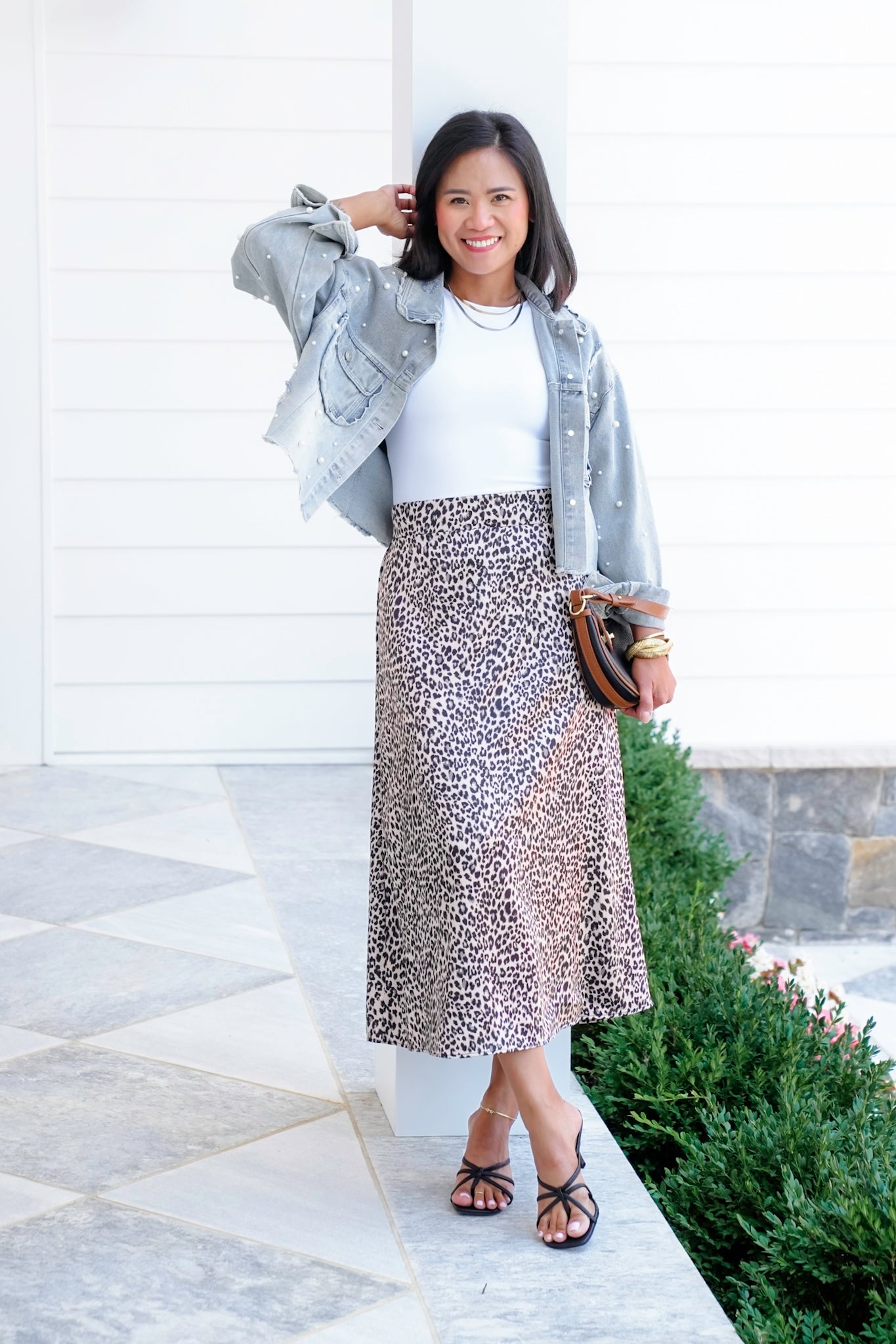 Plus/Reg Leopard Satin Elastic Waist Midi Skirt