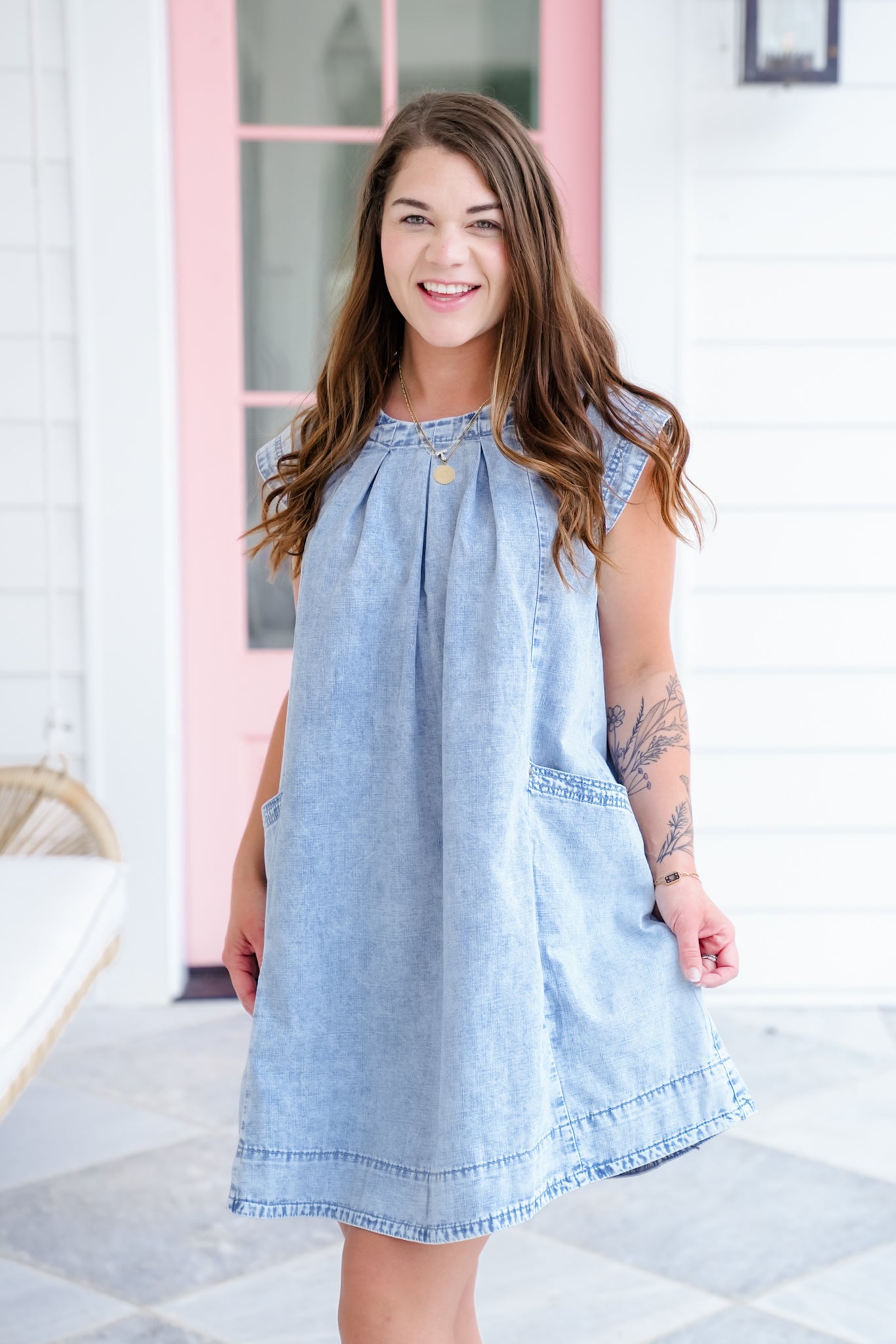 Plus/Reg Washed Cap Sleeve Mini Dress with Pockets