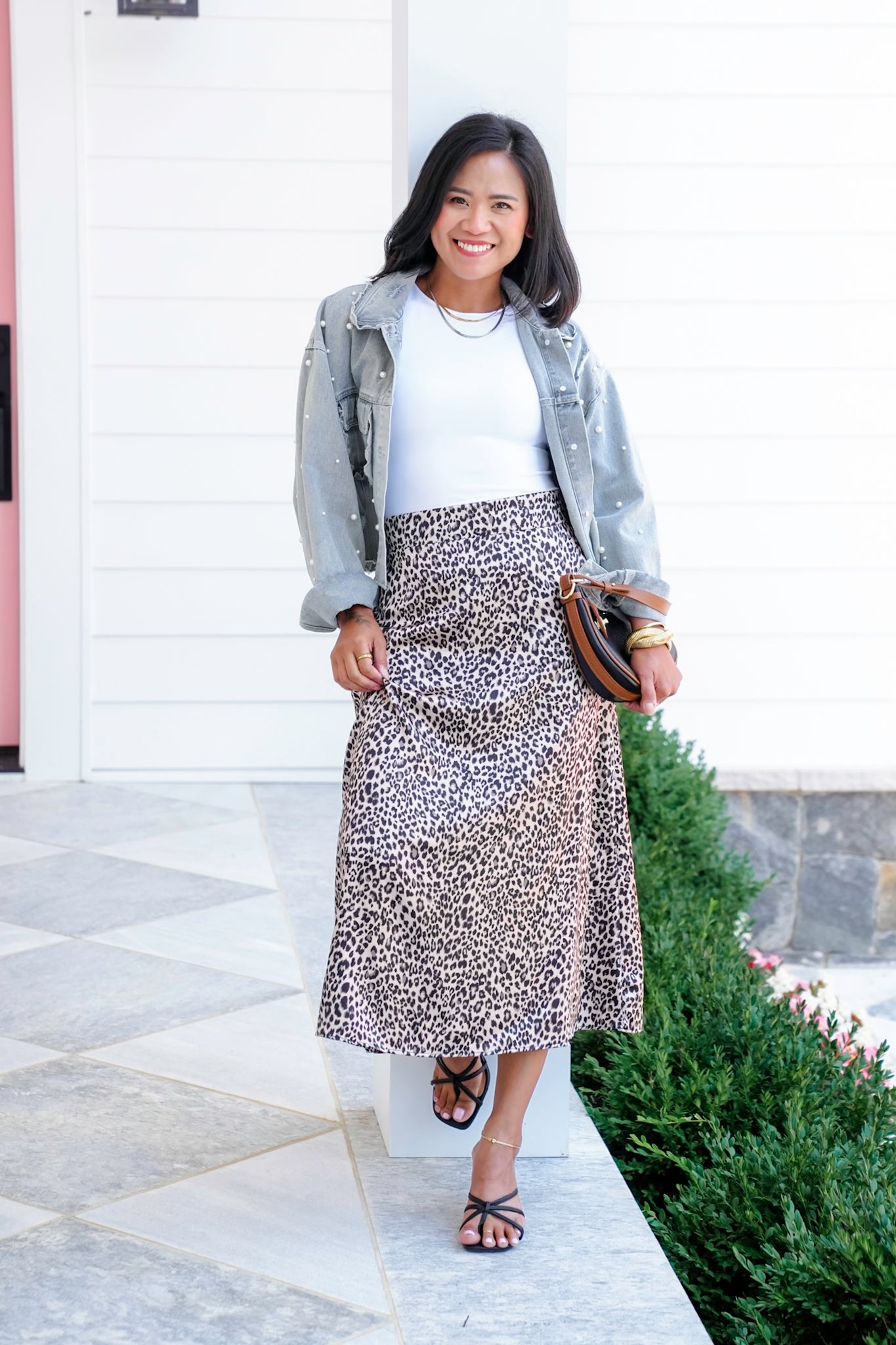 Plus/Reg Leopard Satin Elastic Waist Midi Skirt