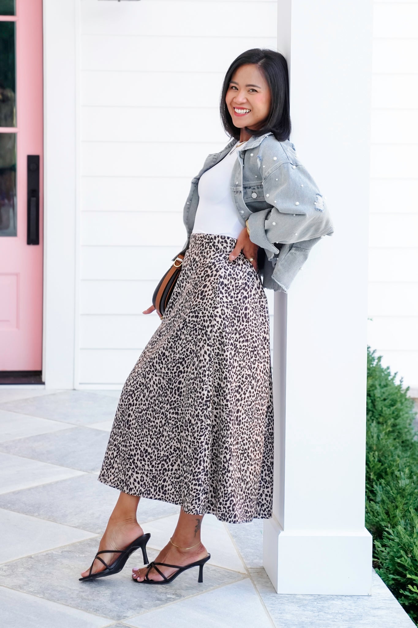 Plus/Reg Leopard Satin Elastic Waist Midi Skirt