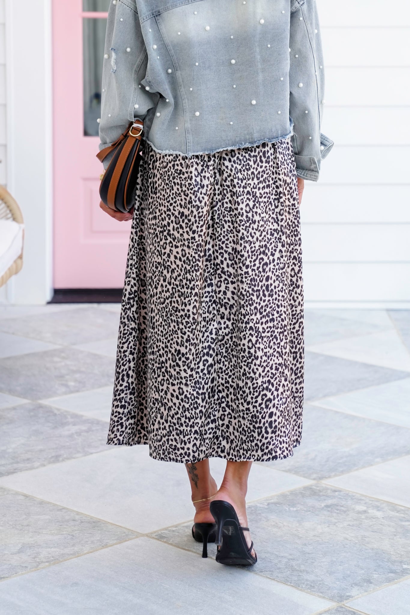Plus/Reg Leopard Satin Elastic Waist Midi Skirt