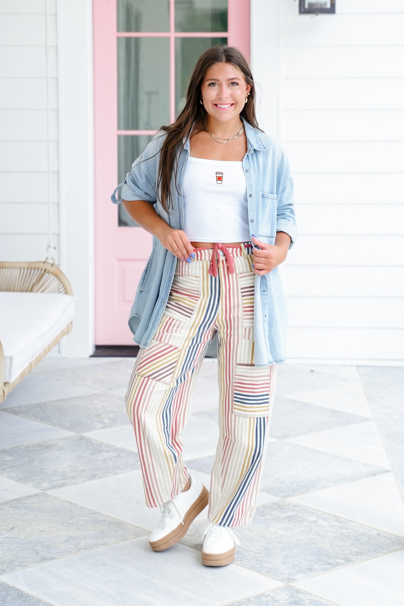 Twill Stripe Color Block Barrel Pants