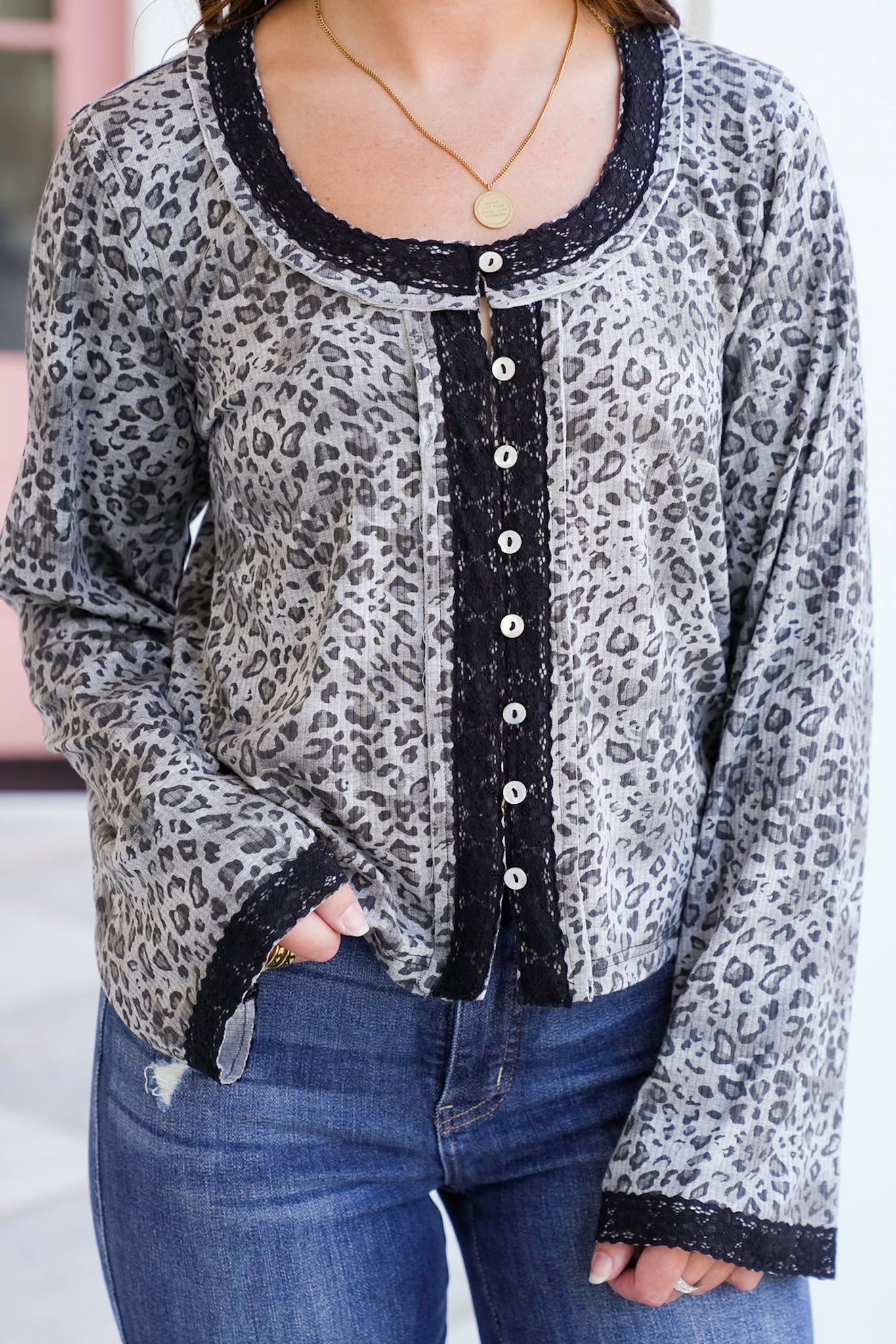 POL Ribbed Long Sleeve Button Up Top with Animal/Camo Print